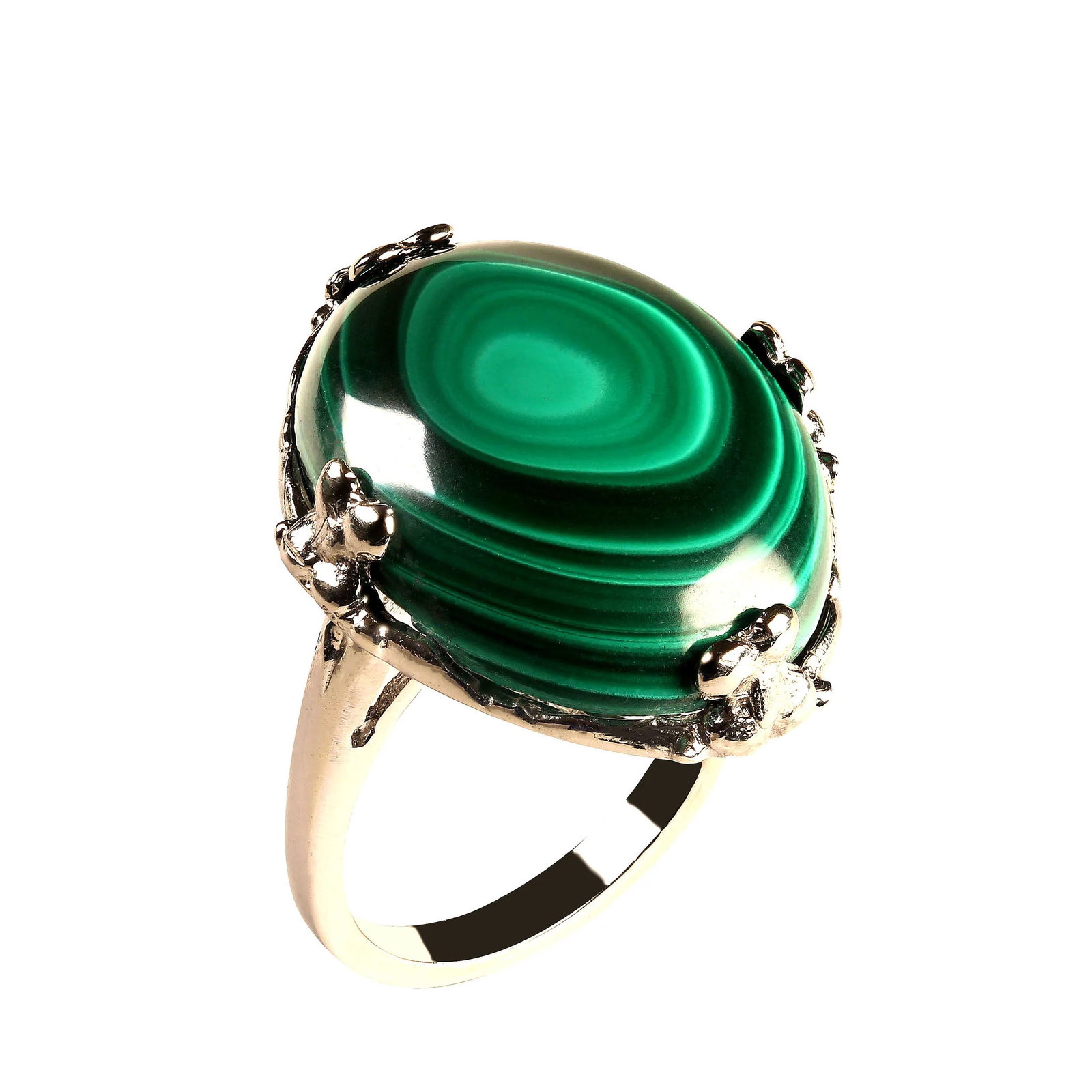 Oval Malachite Cabochon in Handmade 14k White Gold Ring - 4
