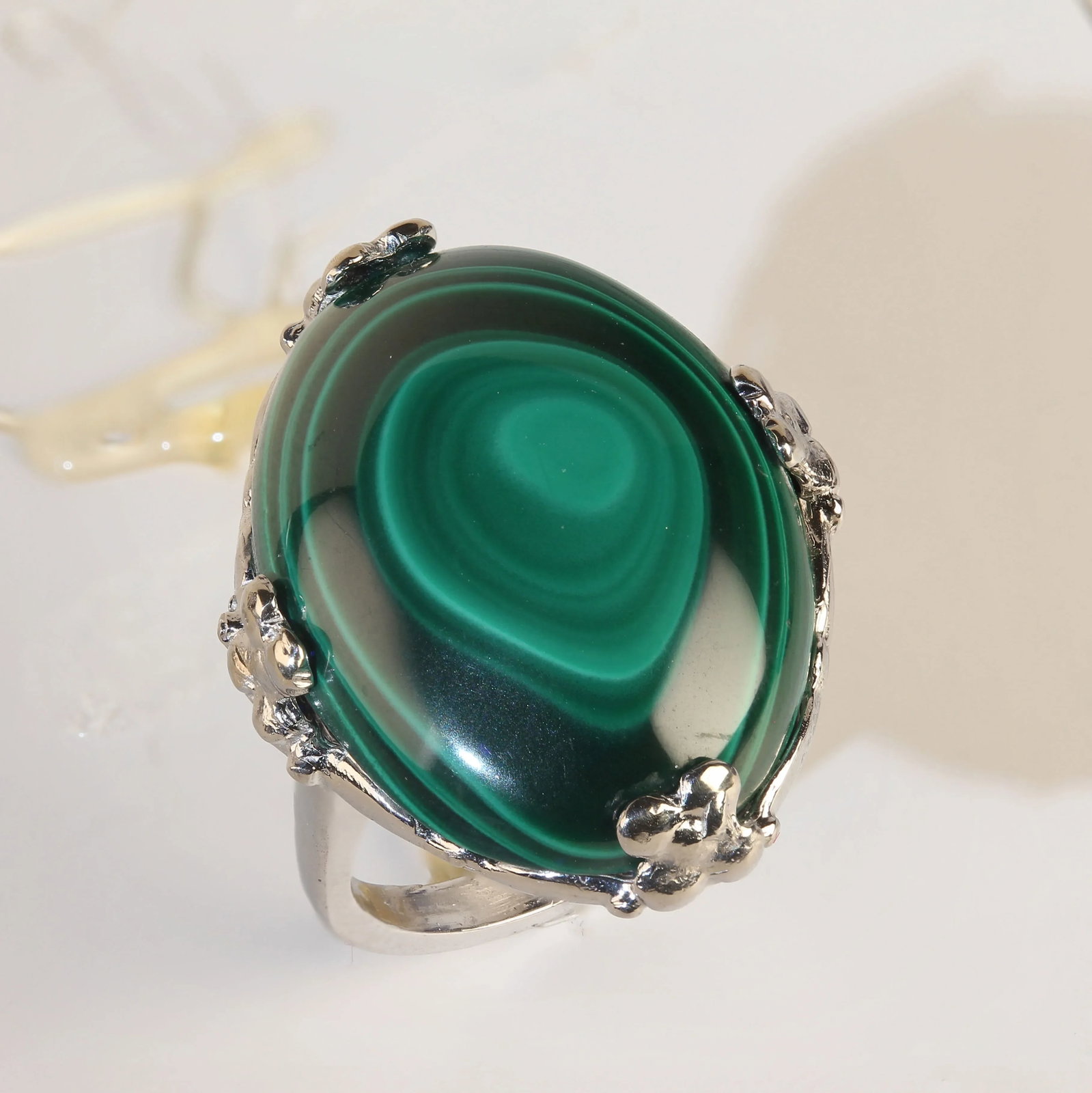 Oval Malachite Cabochon in Handmade 14k White Gold Ring - 6