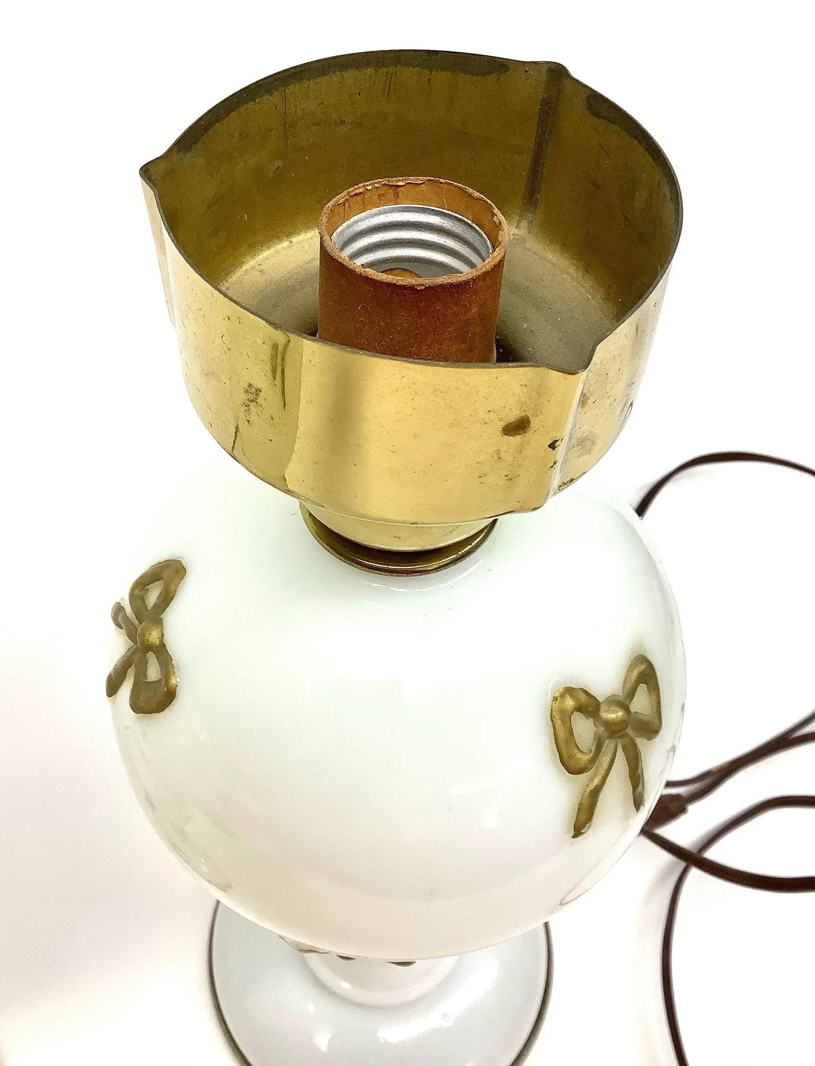 Mid Century Original White and Gold Opaline Glass Table Lamps - A Pair - 4