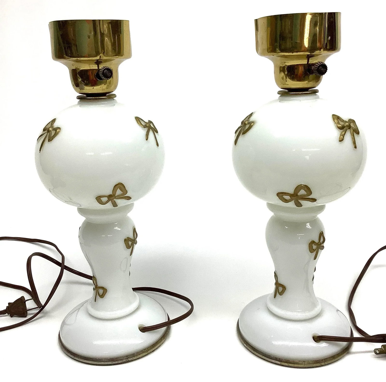 Mid Century Original White and Gold Opaline Glass Table Lamps - A Pair - 8