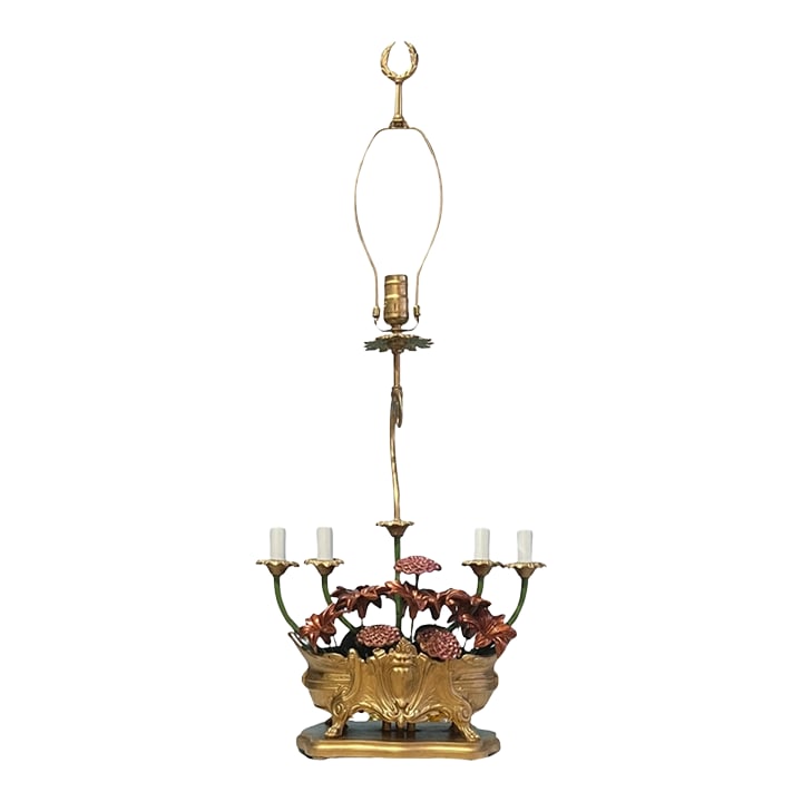 MId-Century Tole Floral Jardiniere 5 Light Candelabra Table Lamp: This exceptional and unique mid-century tole spelter table lamp is a true masterpiece, blending meticulous craftsmanship with striking design. At its core, the lamp features an exquisitely detailed