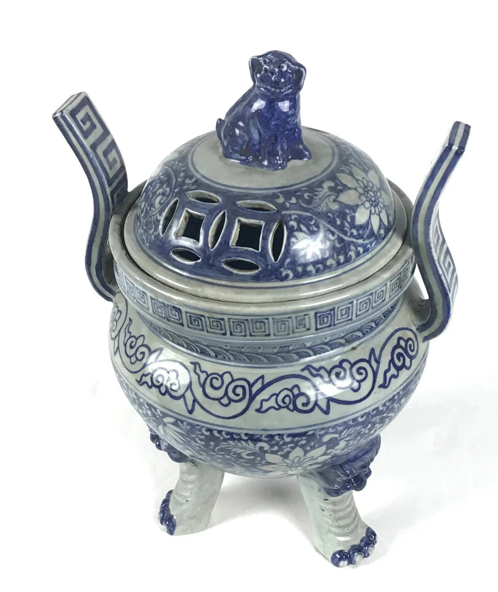 Antique Chinese Blue and White Tripod Incense Burner - 13
