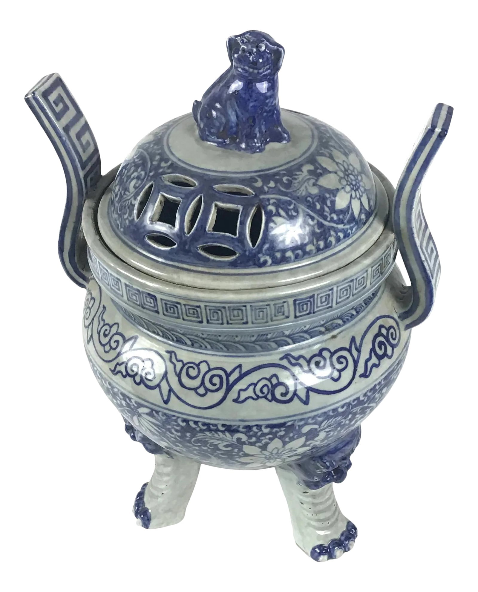Antique Chinese Blue and White Tripod Incense Burner: Perfect in every way, this antique Blue and White Incense burner has been waiting for a new home for many years. Kept for nearly 35 years after purchased in China at an antique shop, it has been lovin