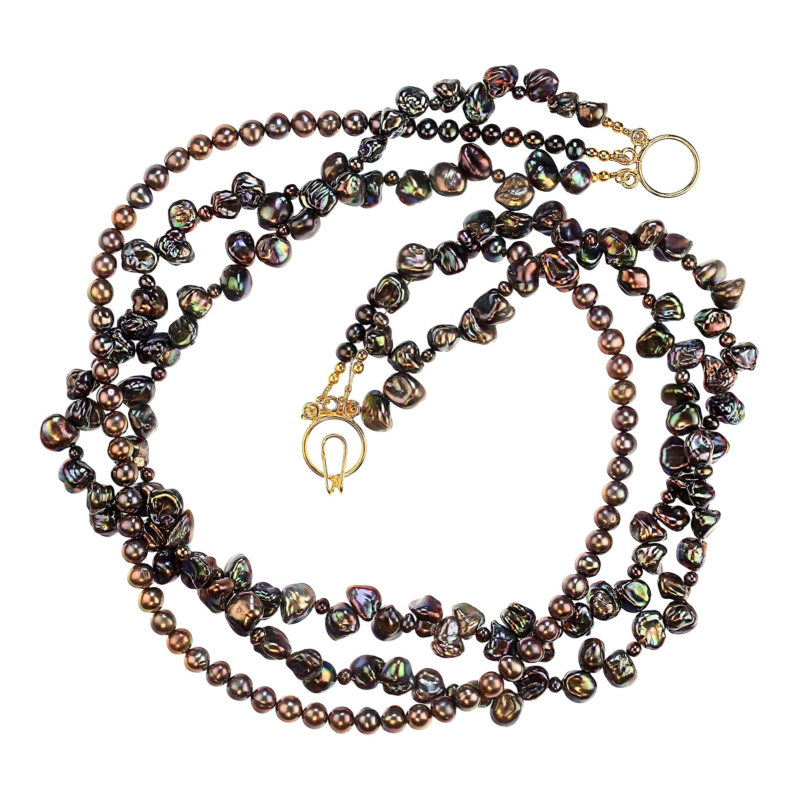 Iridescent Three Strand Peacock Pearl Necklace: 21-Inch Three-Strand Necklace with Peacock Pearls Discover the elegance of this stunning three-strand necklace featuring a blend of peacock pearls and Keshi pearls. This statement piece combines: Two
