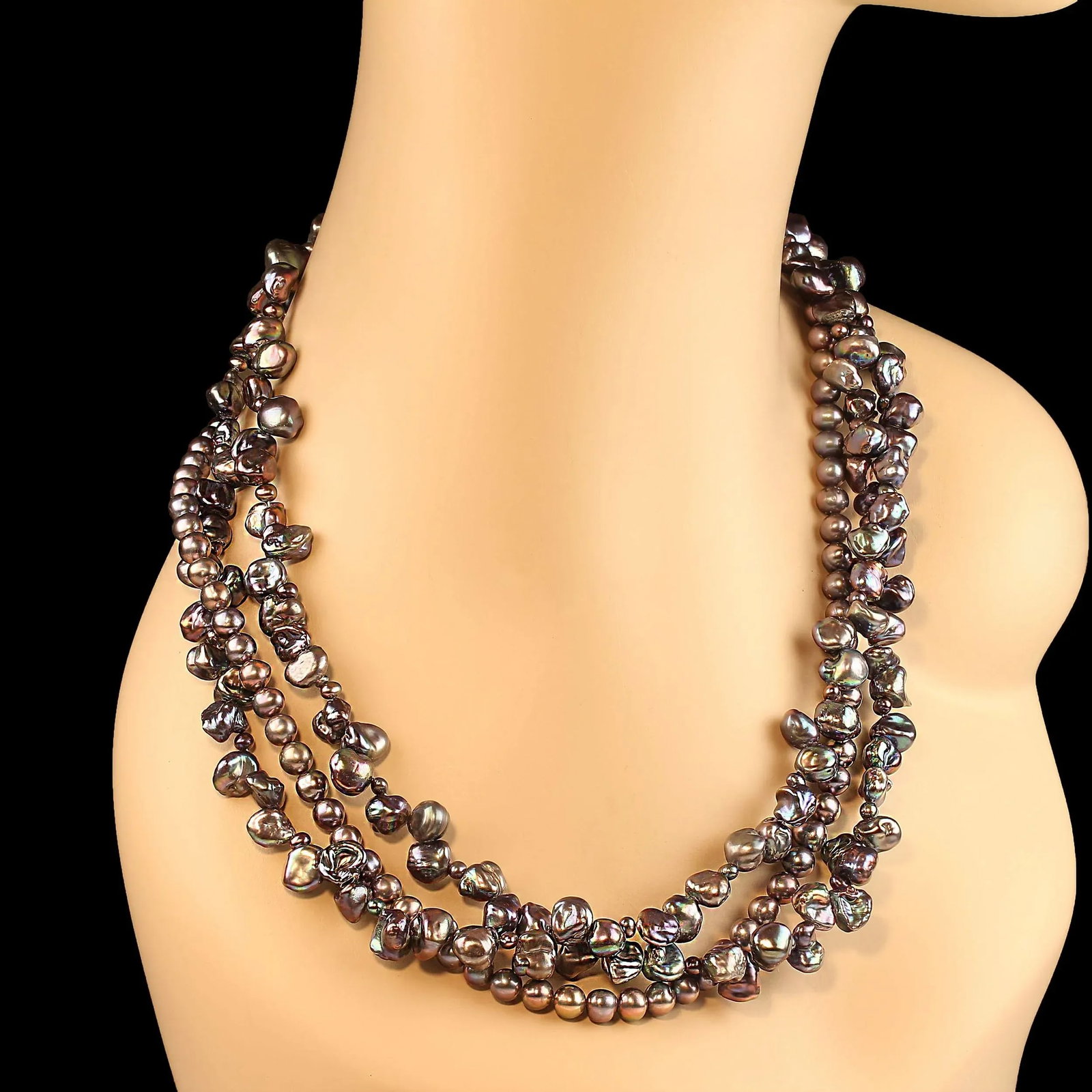 Iridescent Three Strand Peacock Pearl Necklace - 5