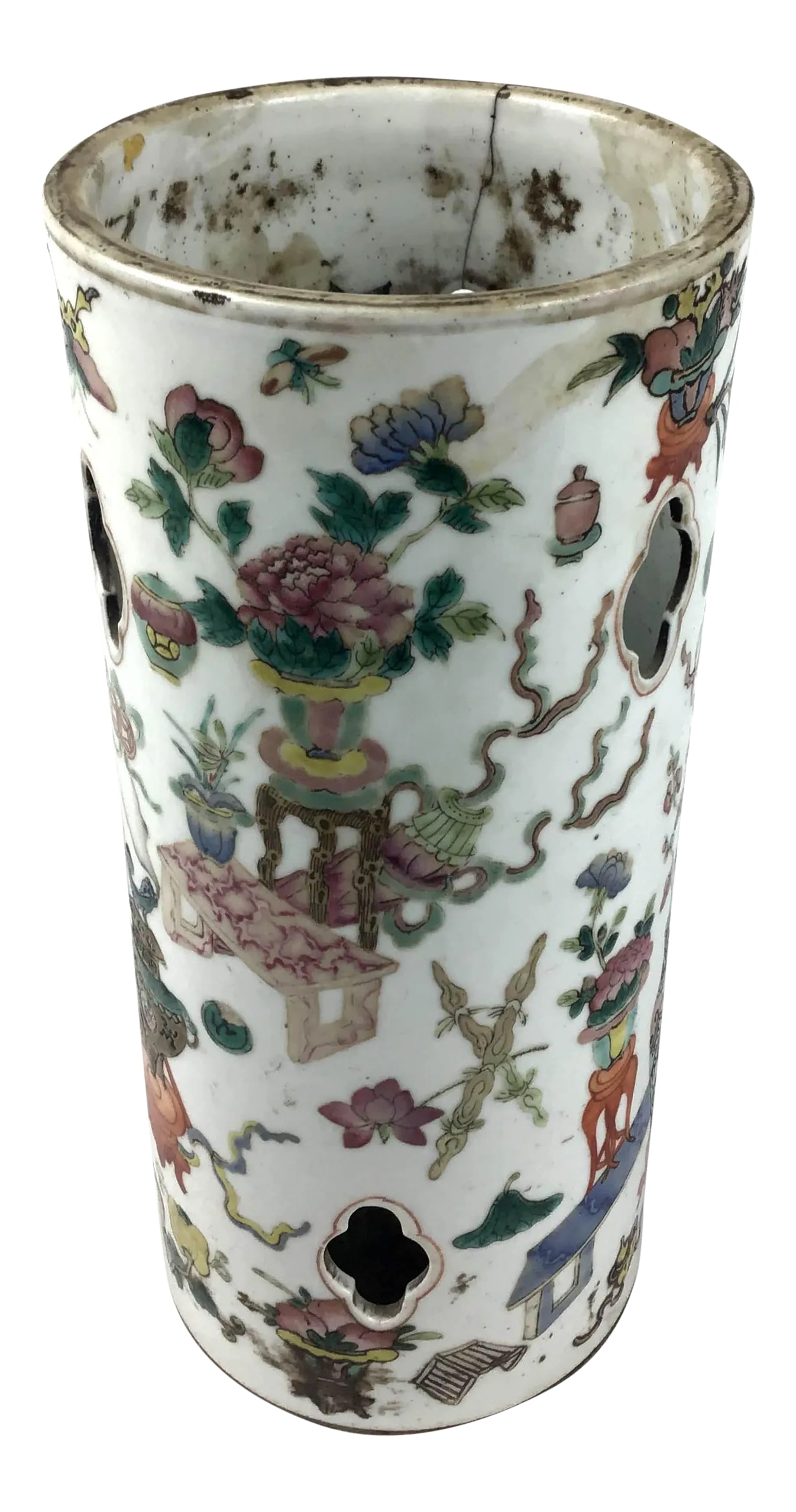 Chinese Antique Porcelain Hat Stand Vase: Absolutely gorgeous porcelain Handpainted Qing Dynasty original Hat stand. Use this for a statement piece on your bookshelf and fill it with dried flowers, or even use it to store your favorite hat. F