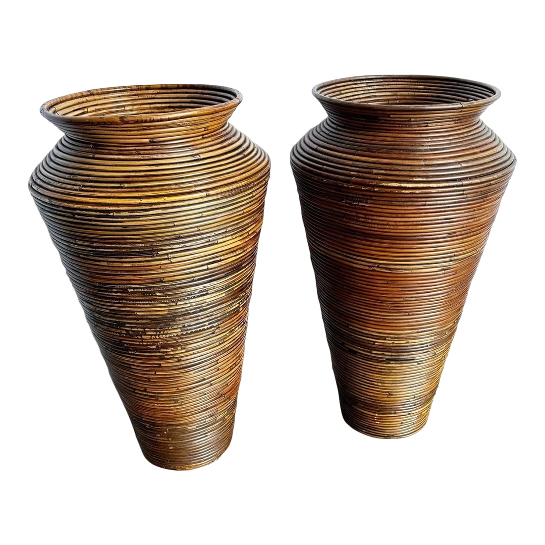 Boho Chic Pencil Reed Floor Vases - a Pair: Elevate your space with this pair of vintage pencil reed floor vases, embodying boho-chic style with their intricate, textured design and rich natural finish. These tall, statement pieces add warmth