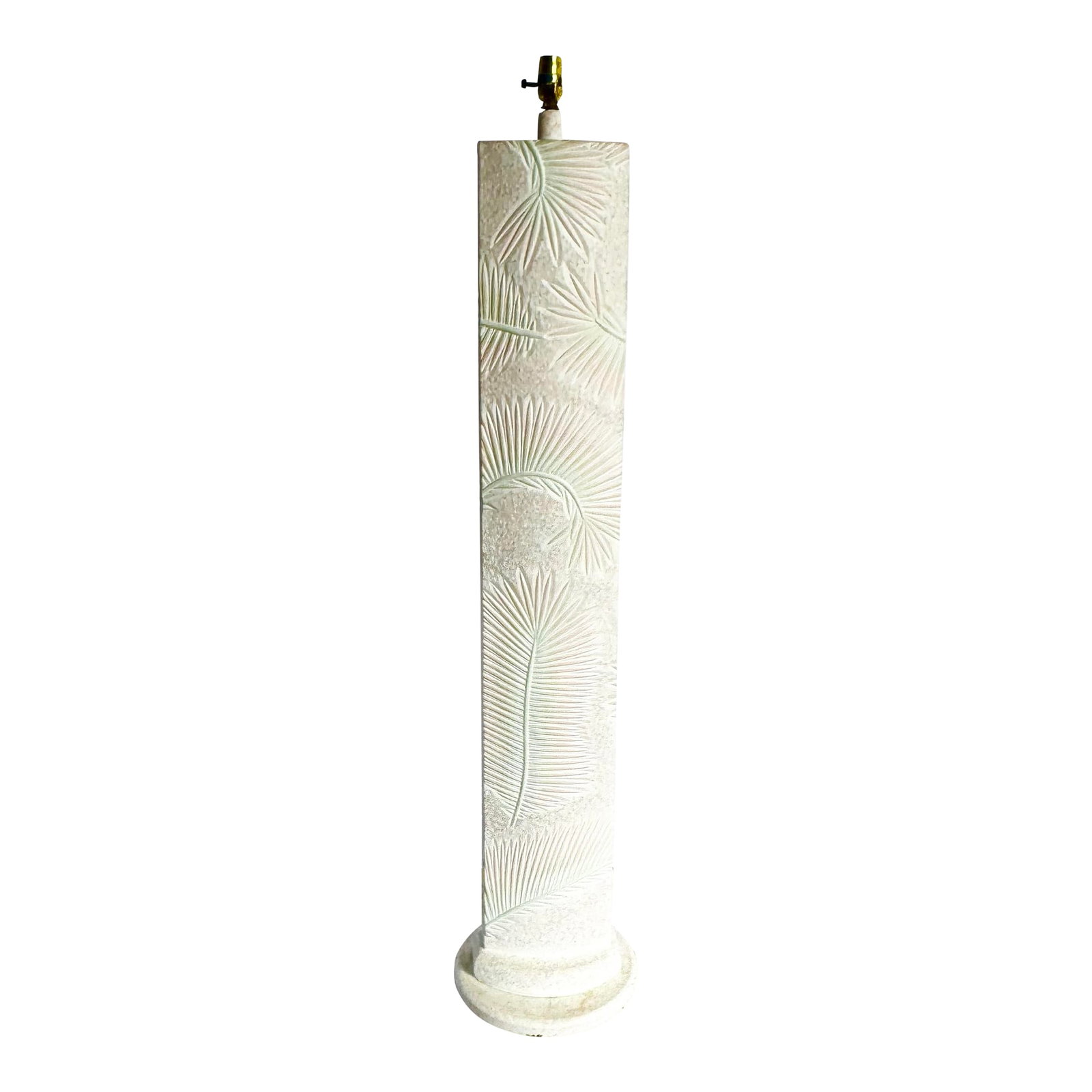 Postmodern Pink and Green on White Palm Frawn Sculpted Plaster Floor Lamp: Tropical meets sculptural in this towering Postmodern floor lamp, crafted from plaster and adorned with soft pink and sage green palm fronds in raised relief. The textured white base gives off a
