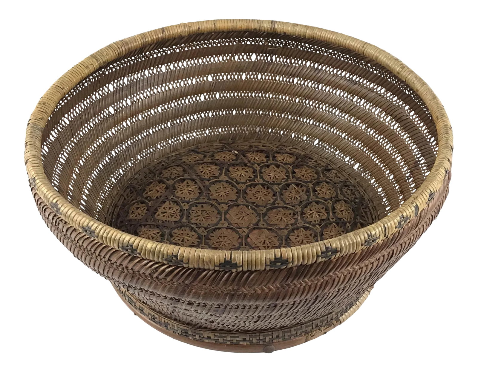 Antique Chinese Large Straw Basket: Rare and incredibly beautiful artistic weaving on this basket. A collector item indeed. Condition: Alterations: Original Condition Unaltered Imperfections: Some Imperfections Condition Notes: Excellen