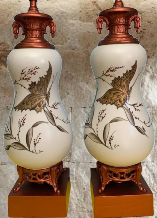 Vintage White Ceramic Gold Butterfly Table Lamps - a Pair - 3