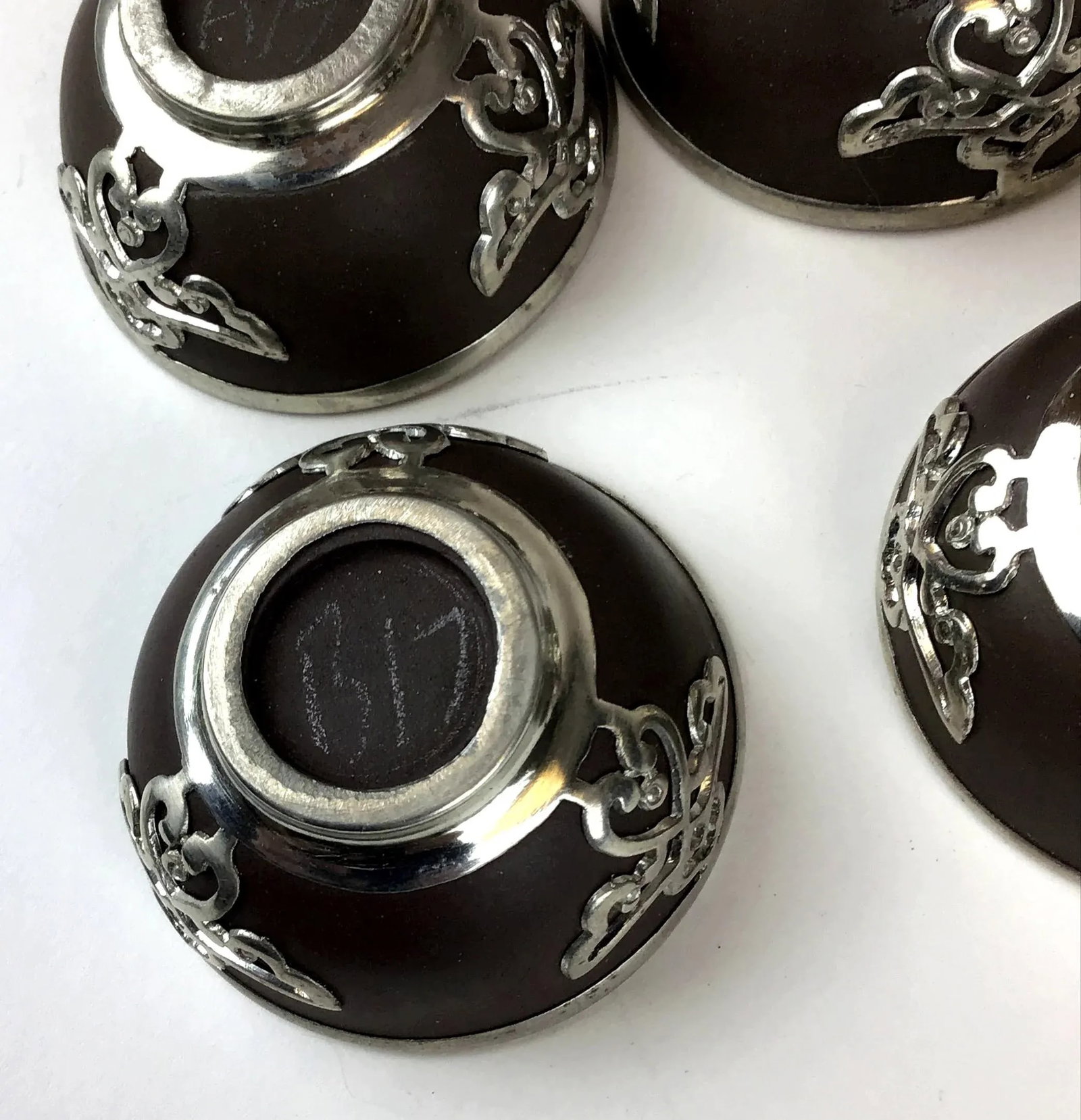 Vintage Chinese Yixing Zisha Teapot Set with Silver Tone Overlay - 6 Pieces - 10