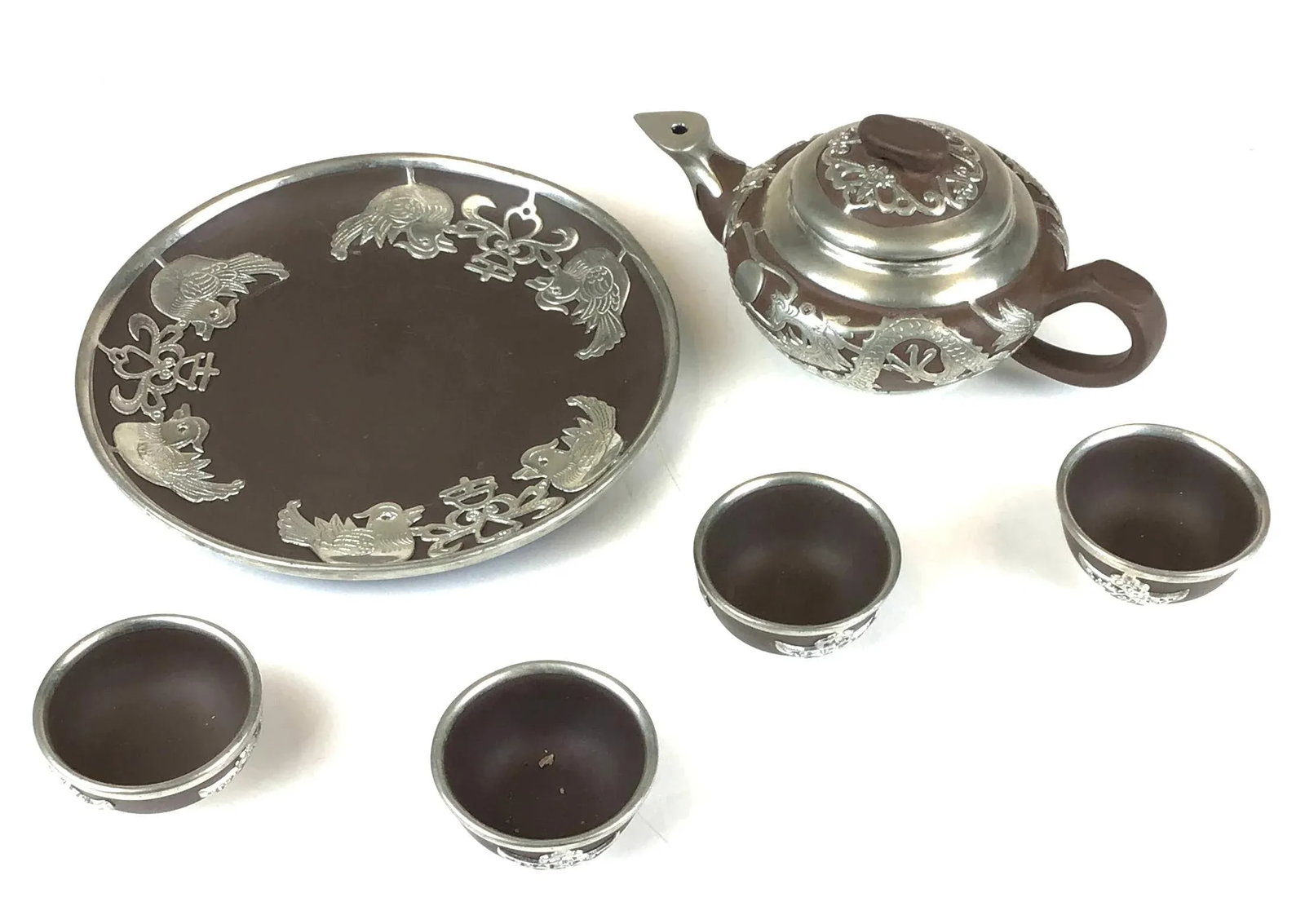 Vintage Chinese Yixing Zisha Teapot Set with Silver Tone Overlay - 6 Pieces - 13