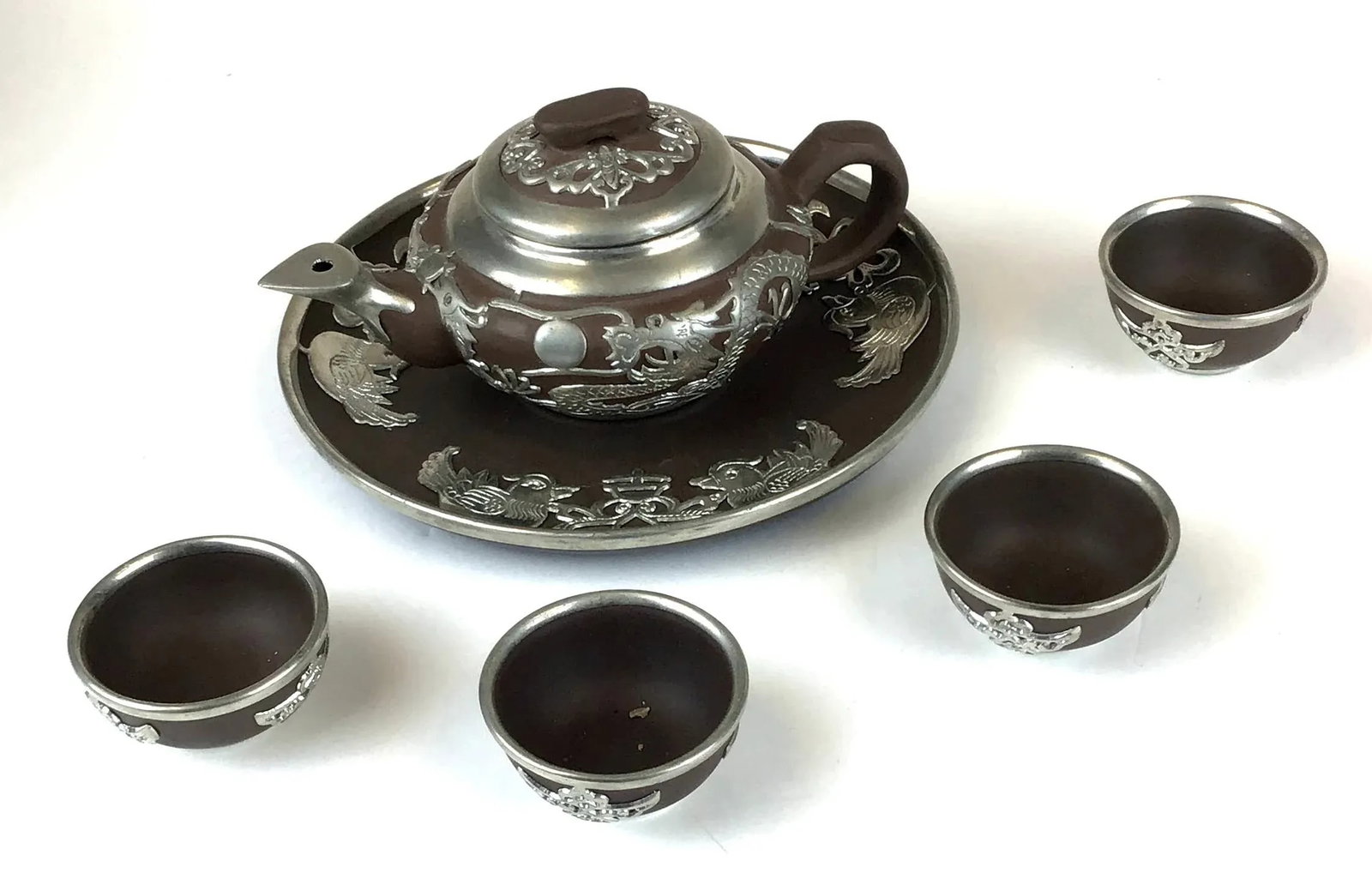 Vintage Chinese Yixing Zisha Teapot Set with Silver Tone Overlay - 6 Pieces - 2