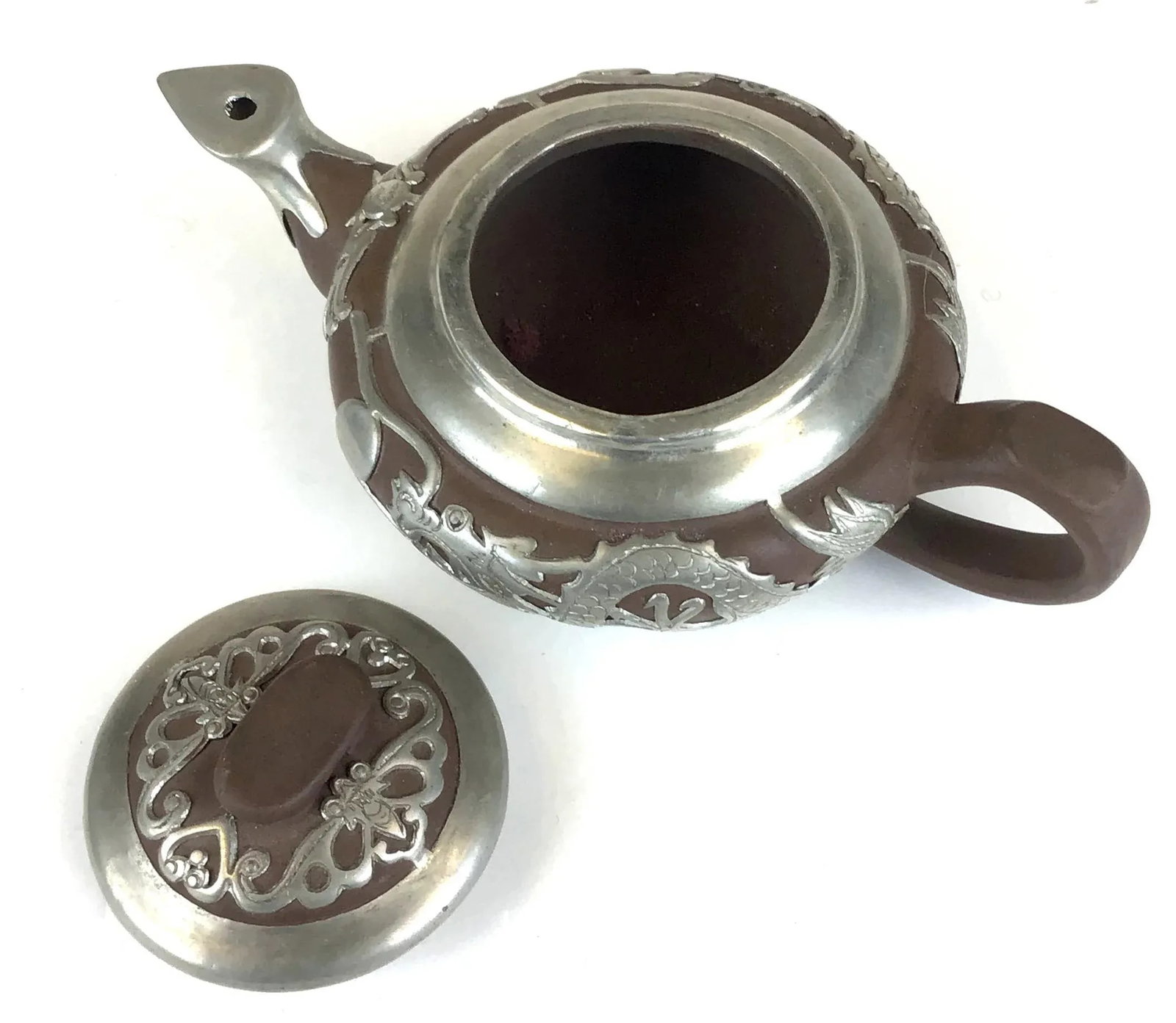 Vintage Chinese Yixing Zisha Teapot Set with Silver Tone Overlay - 6 Pieces - 4