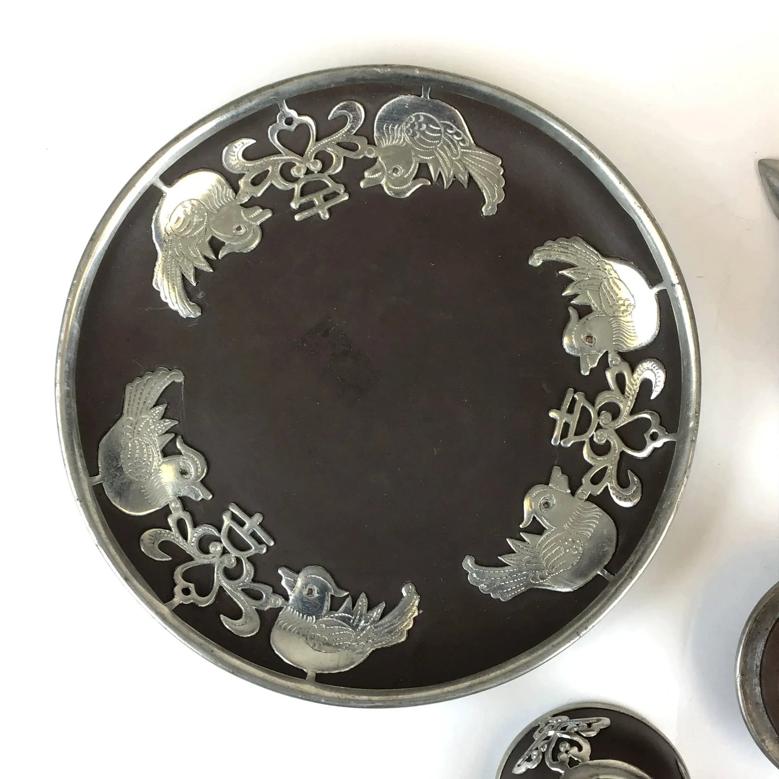 Vintage Chinese Yixing Zisha Teapot Set with Silver Tone Overlay - 6 Pieces - 6
