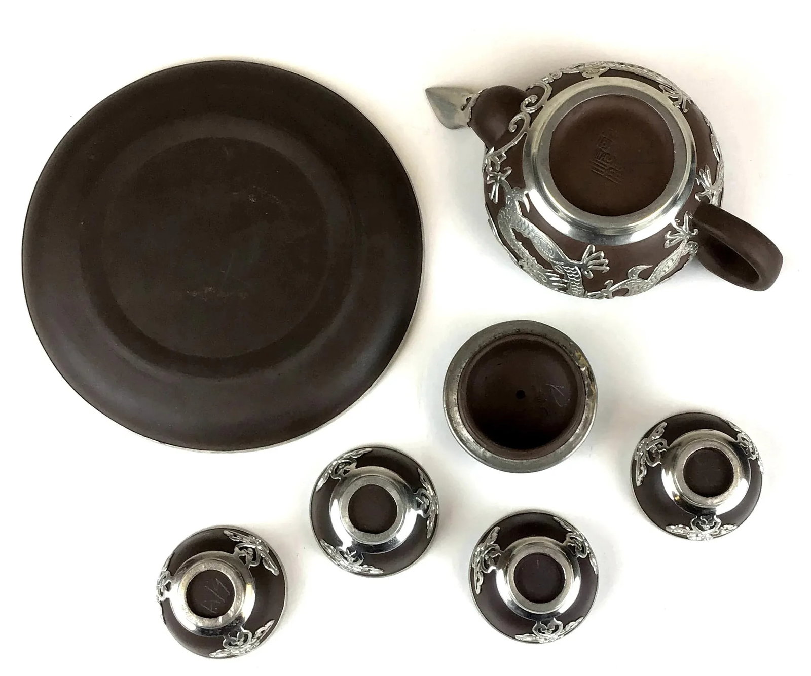 Vintage Chinese Yixing Zisha Teapot Set with Silver Tone Overlay - 6 Pieces - 8