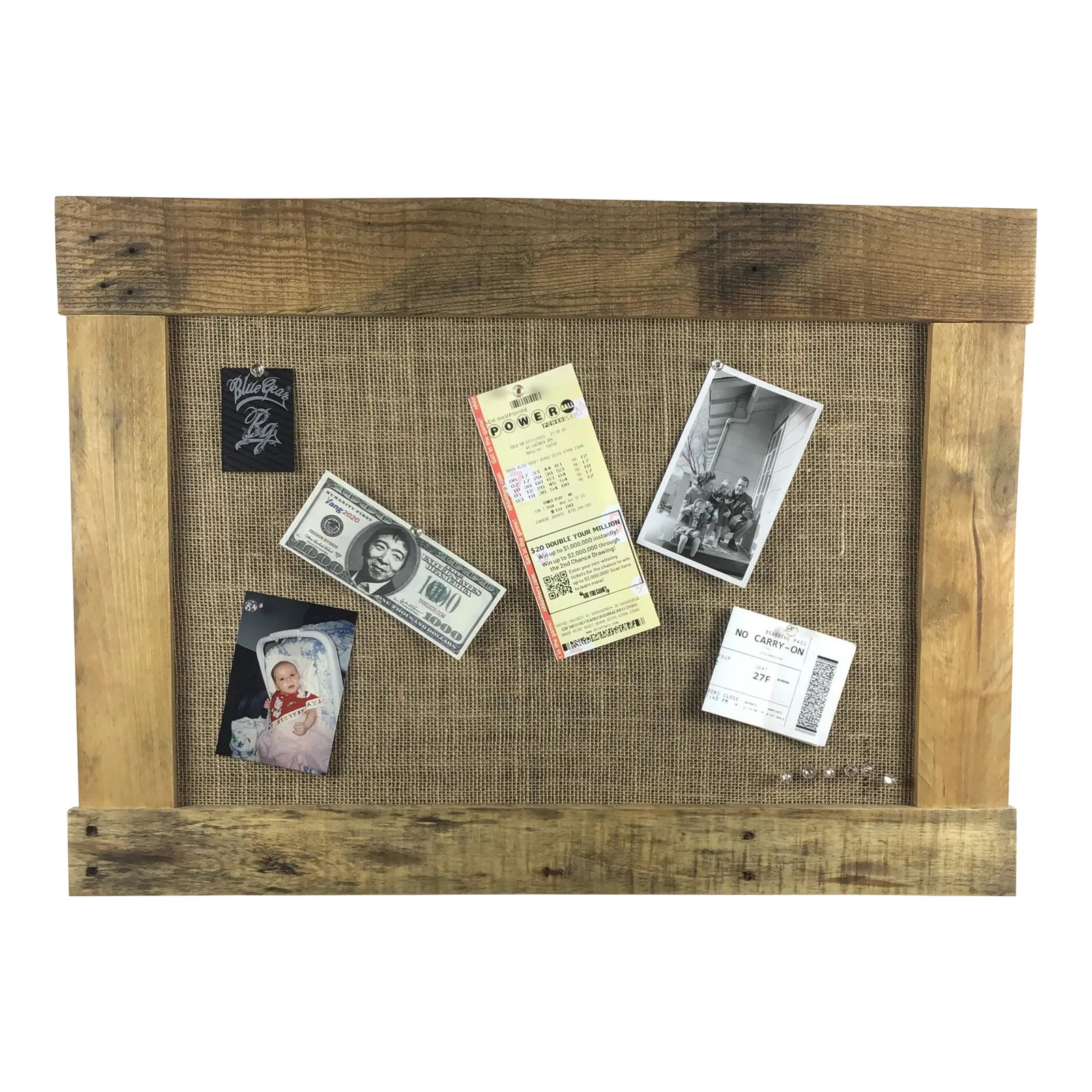 Solid Oak Framed Burlap Pin Board Display: Another custom piece made for a client who wanted a slightly larger size. This piece is made with natural burlap over a special fiberboard which holds your pushpins secure and safe while showing off y