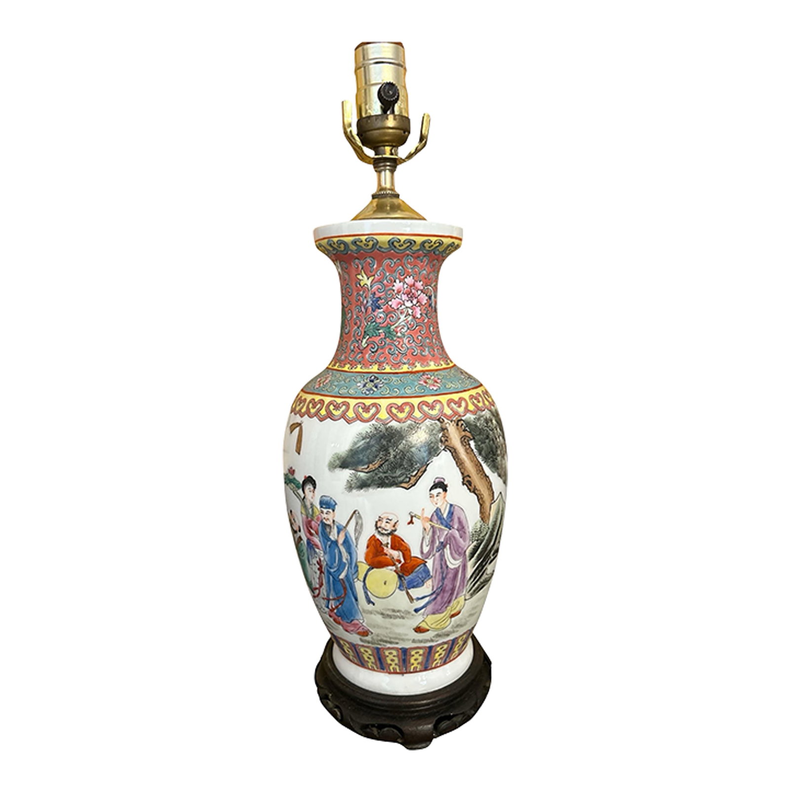 Vintage Famille Rose Table Lamp: Gorgeous chinoiserie lamp will add elegance to any interior. Wonderful bright colors, pinks, greens, yellows and blues in Mandarin figures against an asian landscape. And on top and bottom are typical