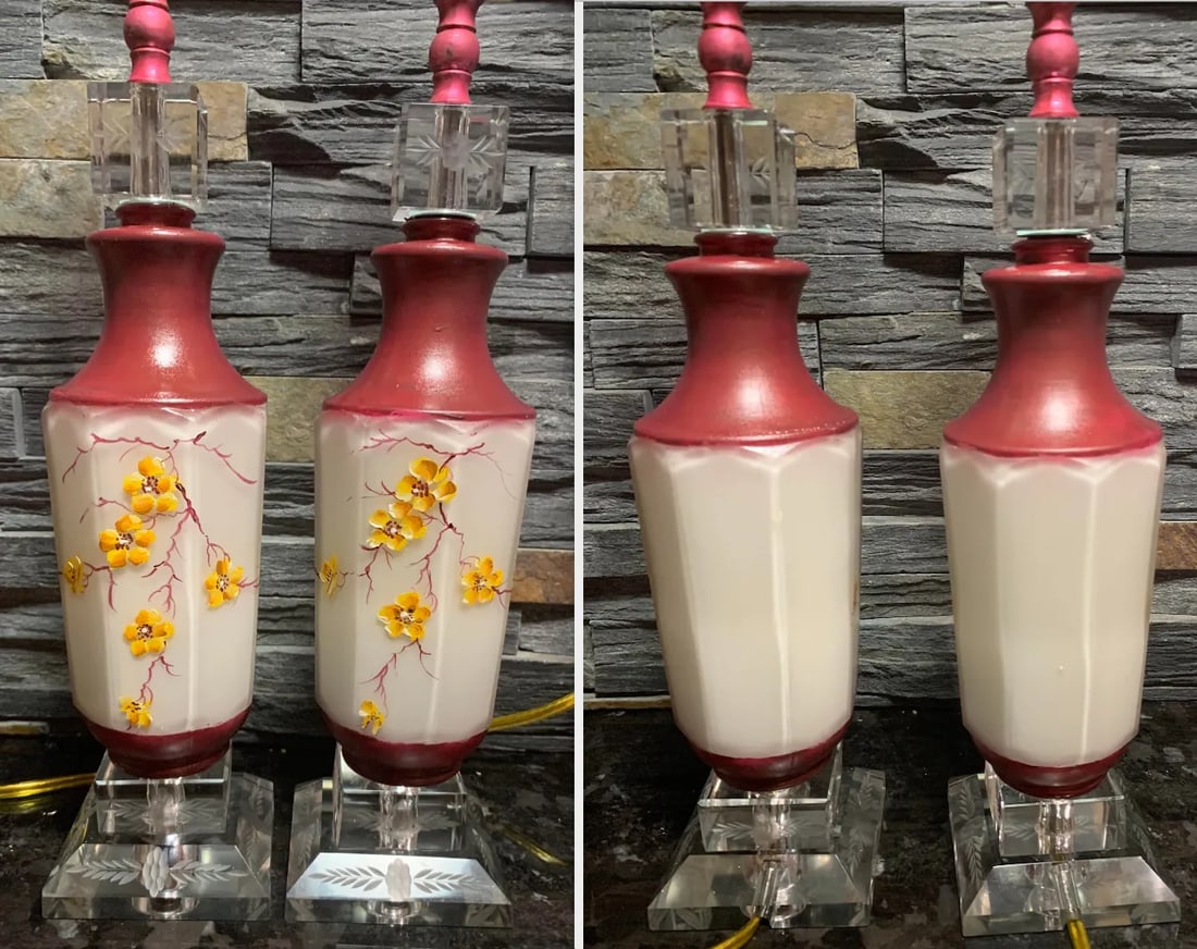 Mid-Century Floral Glass Table Lamp - a Pair - 12