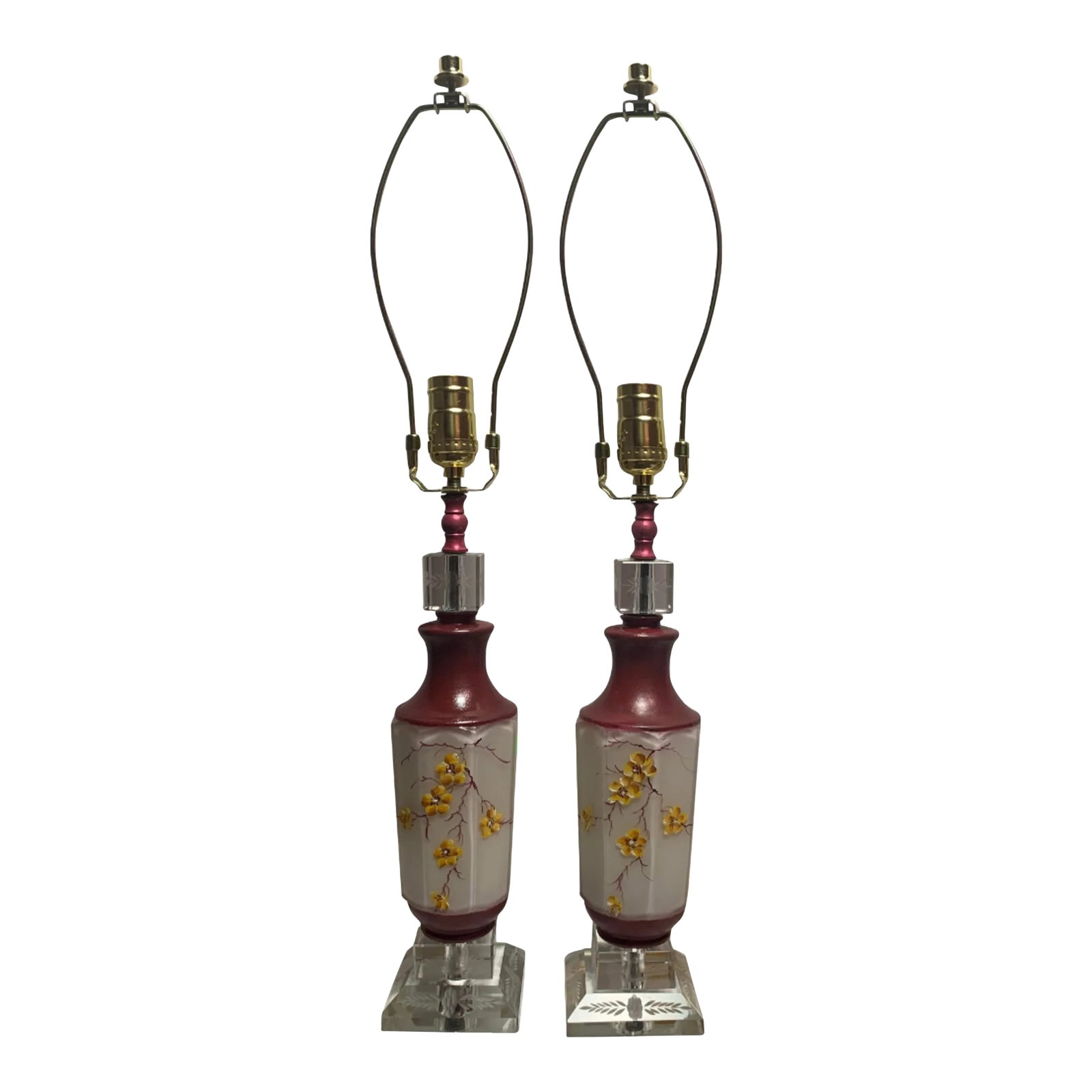 Mid-Century Floral Glass Table Lamp - a Pair: This exquisite lamp embodies the elegance of mid-century design with a harmonious blend of glass and crystal elements. The body features a reverse-painted white glass body, intricately adorned with