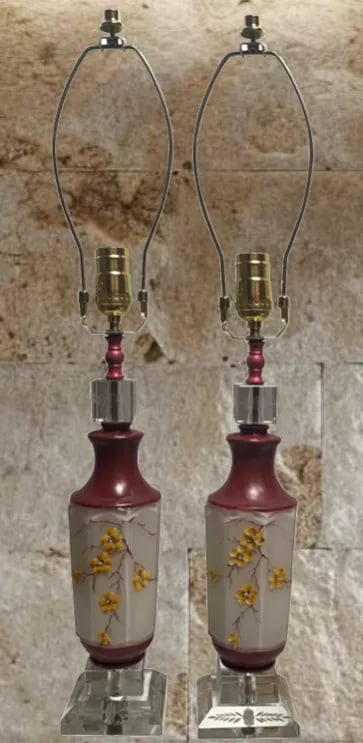 Mid-Century Floral Glass Table Lamp - a Pair - 2