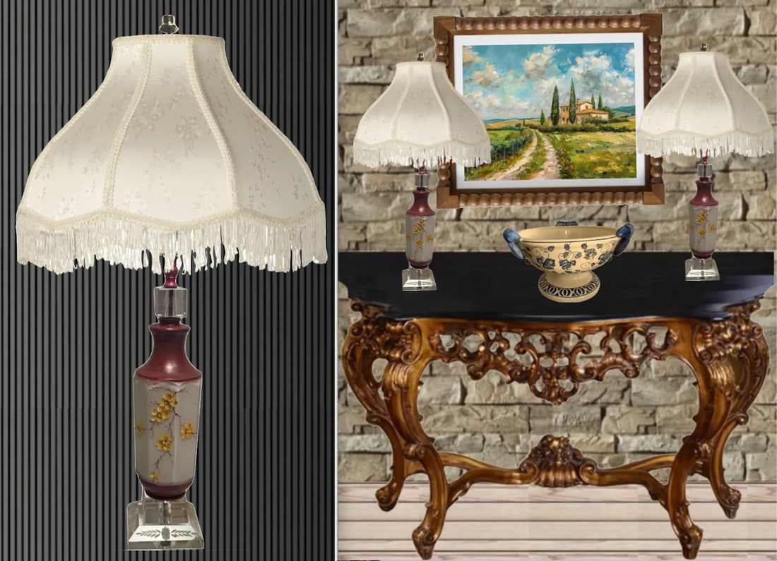 Mid-Century Floral Glass Table Lamp - a Pair - 7