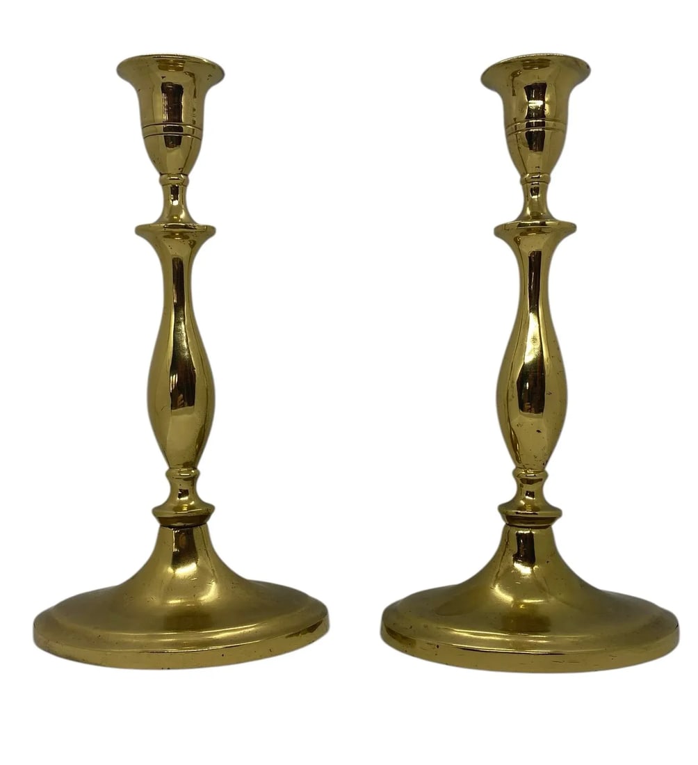 Antique Regency-Style Solid Brass Candle Holders With Oval Bases - a Pair - 12