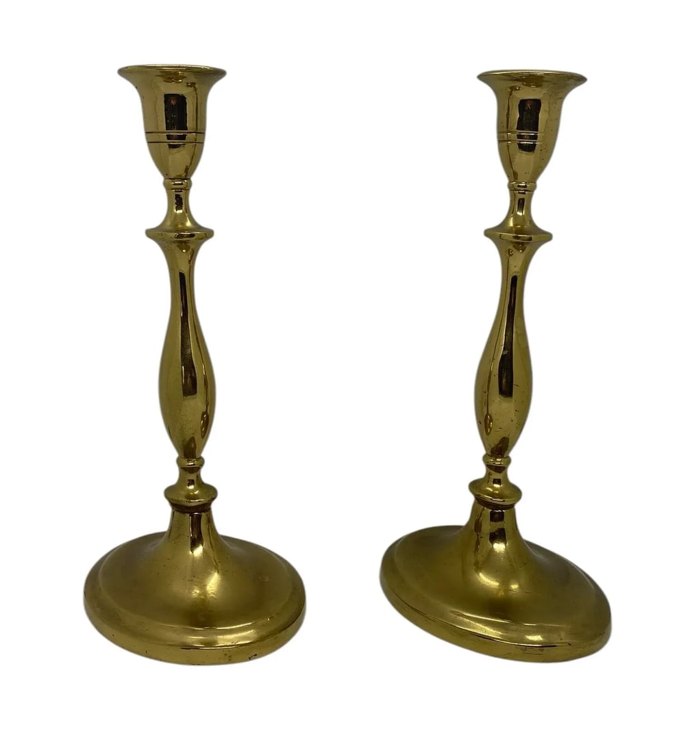 Antique Regency-Style Solid Brass Candle Holders With Oval Bases - a Pair - 2