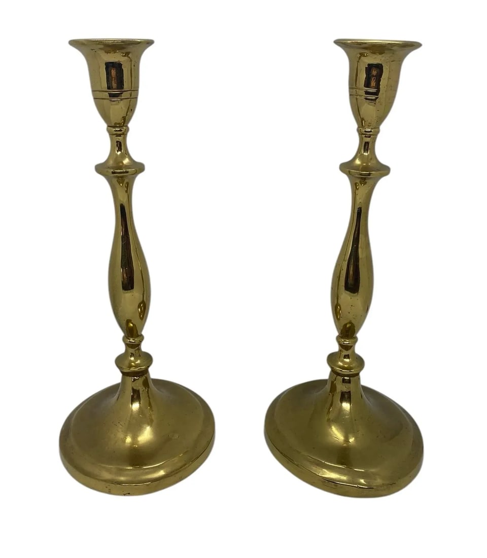 Antique Regency-Style Solid Brass Candle Holders With Oval Bases - a Pair - 3