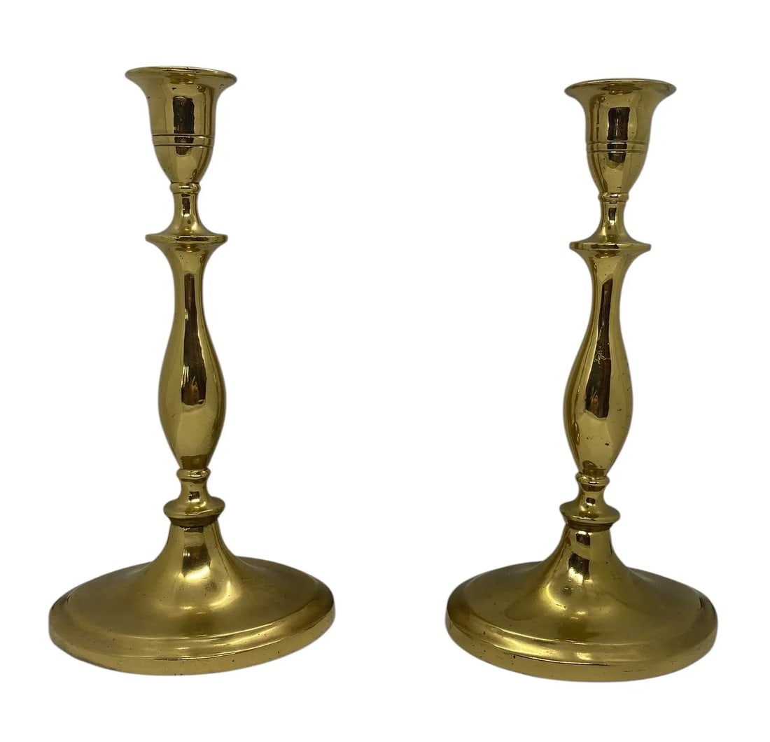 Antique Regency-Style Solid Brass Candle Holders With Oval Bases - a Pair - 8