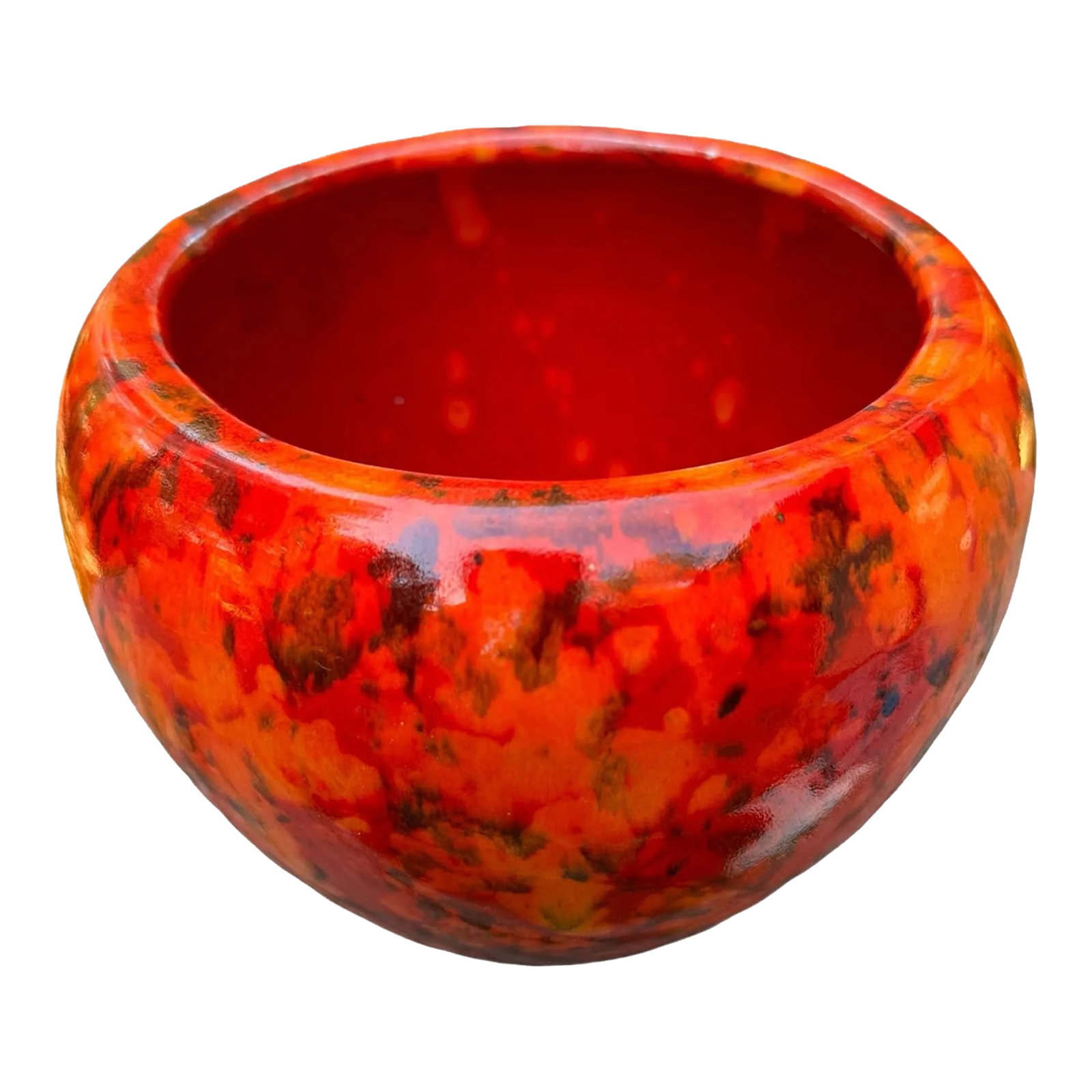 1970's Lava Orange Red Glazed Ceramic Planter: California USA Judy planter in bright lava drip glaze. Vibrant pop to decor. 4.75" tall and 6.75" wide x 4.25" deep The bottom is marked HPI USA Judy. Tripod glazing stilt marks on bottom Condition: