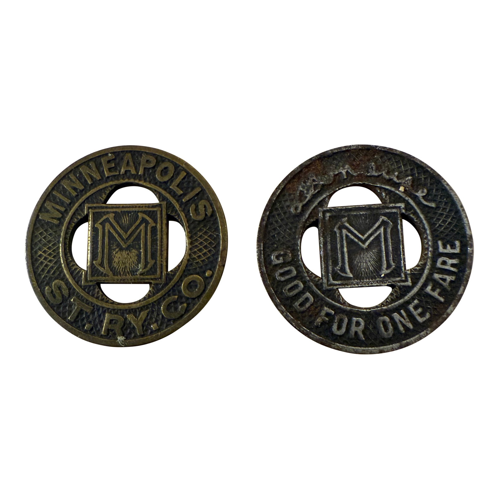Street Car Tokens Minneapolis Minnesota Street Railway Co 1940s Good for One Fare: A pair of Street Car Token Minneapolis Minnesota Street Railway Co 1940s Good For One Fare A pair of collectible tokens for transit and coin enthusiasts. Patina consistent with age and use. Vintage