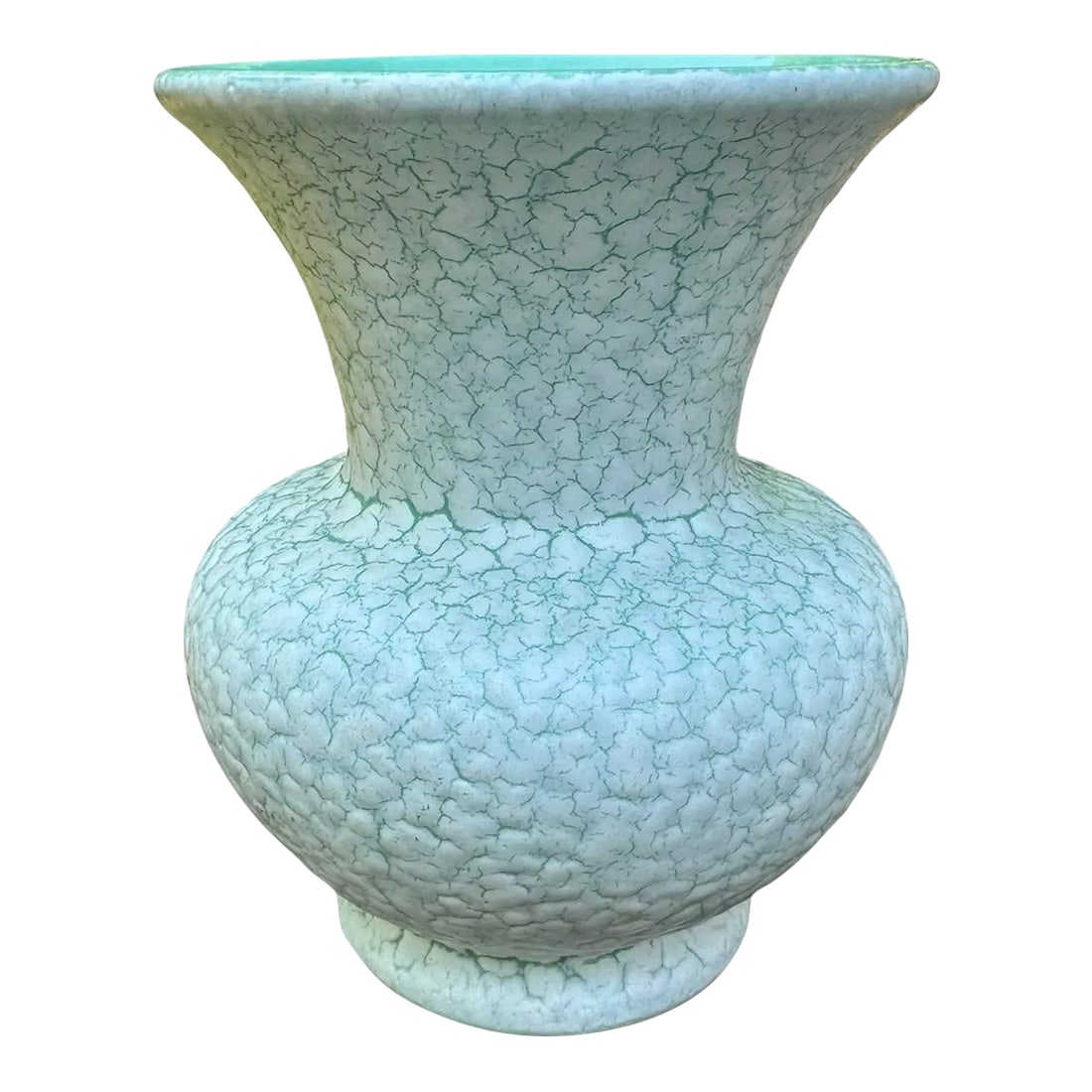 1950's Germany Cortina Craquelure Green Vase: Cortina Glaze Vase A mint green base with an overlay of mottled foamy white glaze - like snow melting. Gloss green interior. West Germany Pottery by Jasba 1950-60's A statement of mid-20th century