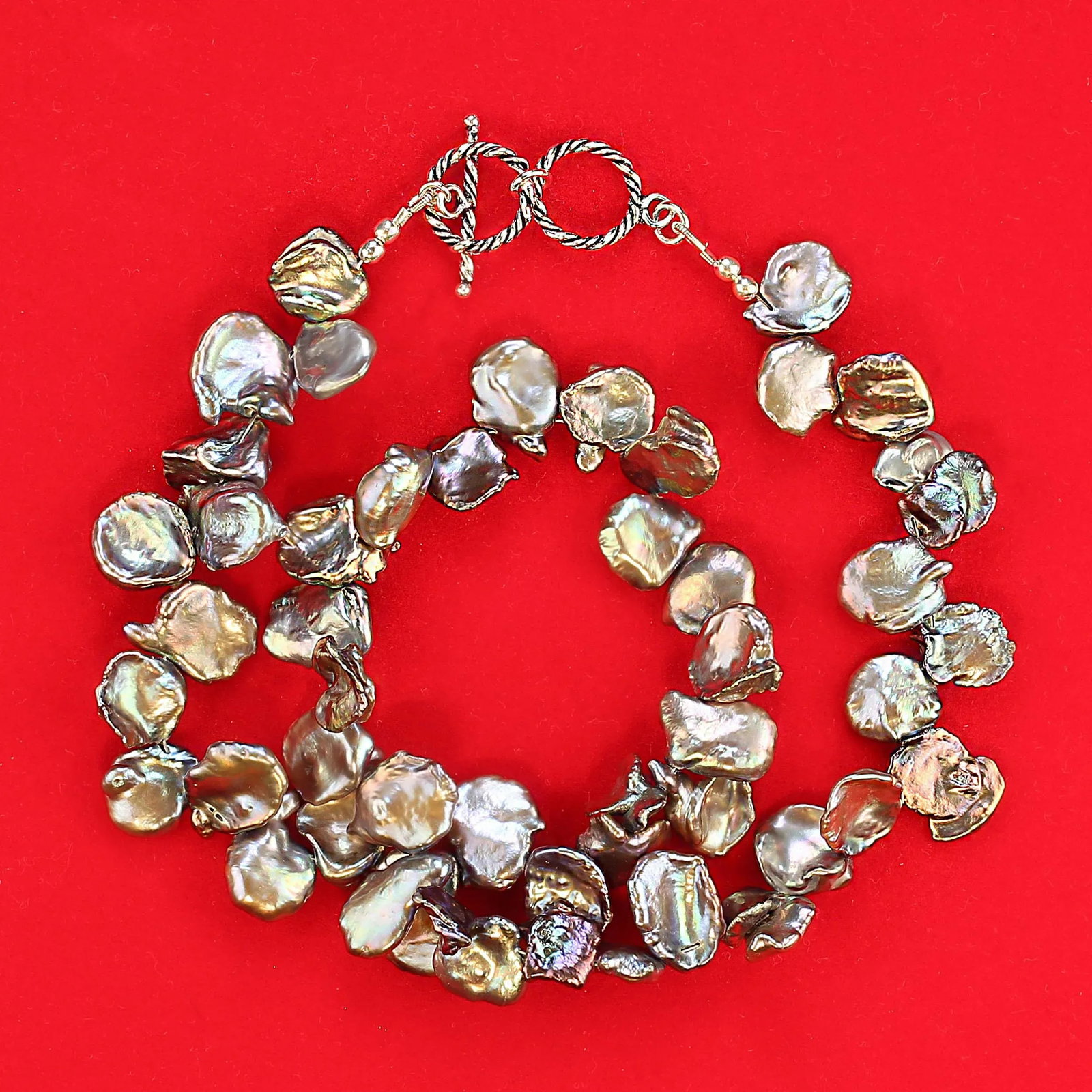 Iridescent, Round, Flat Mauve Keshi Pearl Necklace - 6