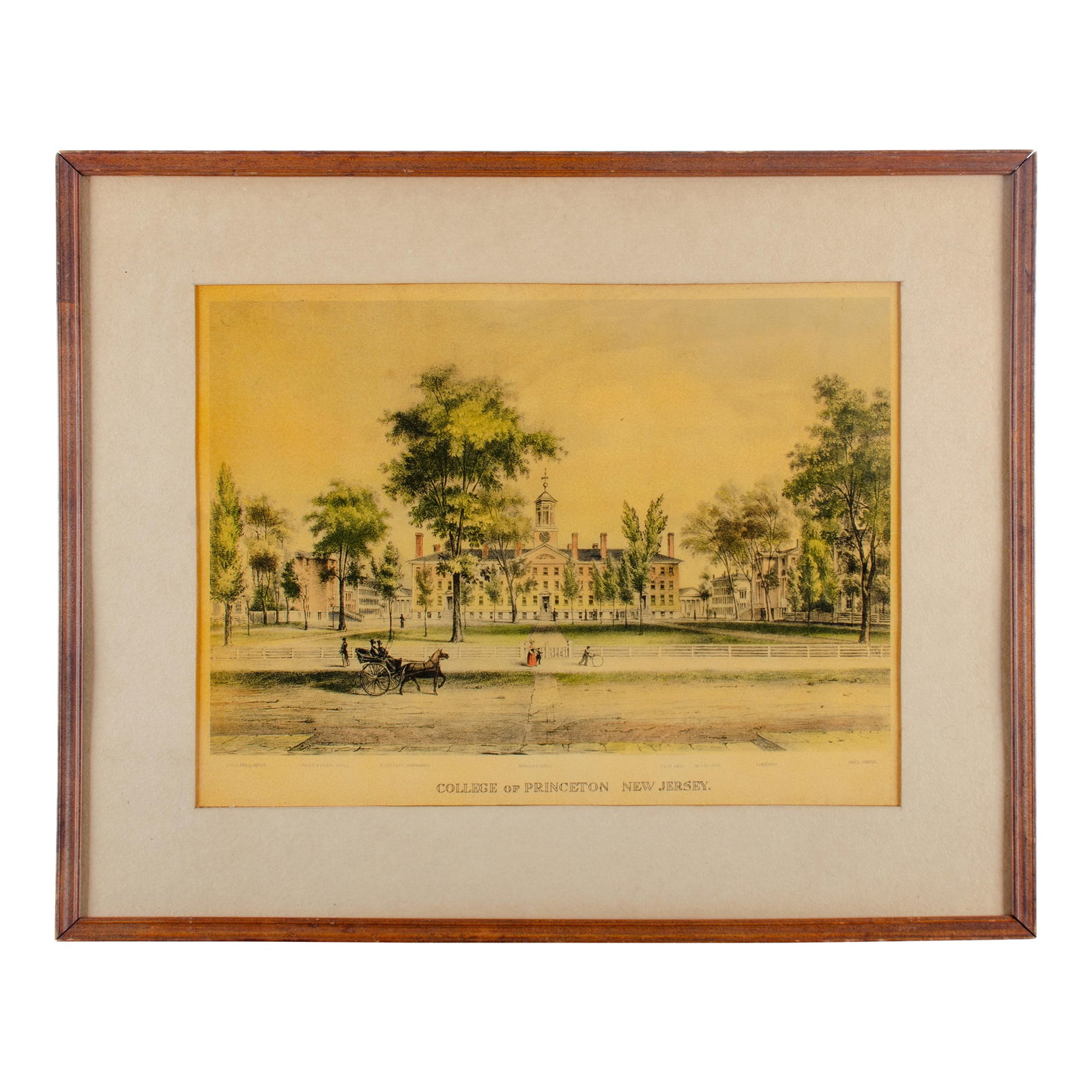 Princeton University, Nassau Hall, Vintage Framed Print: A framed print of Princeton University's Nassau Hall. Additional campus buildings (Vice Pres. House, Library, Pres. House and others) are also labelled in the bottom margin. Sight: 15 by 11 Frame: 20