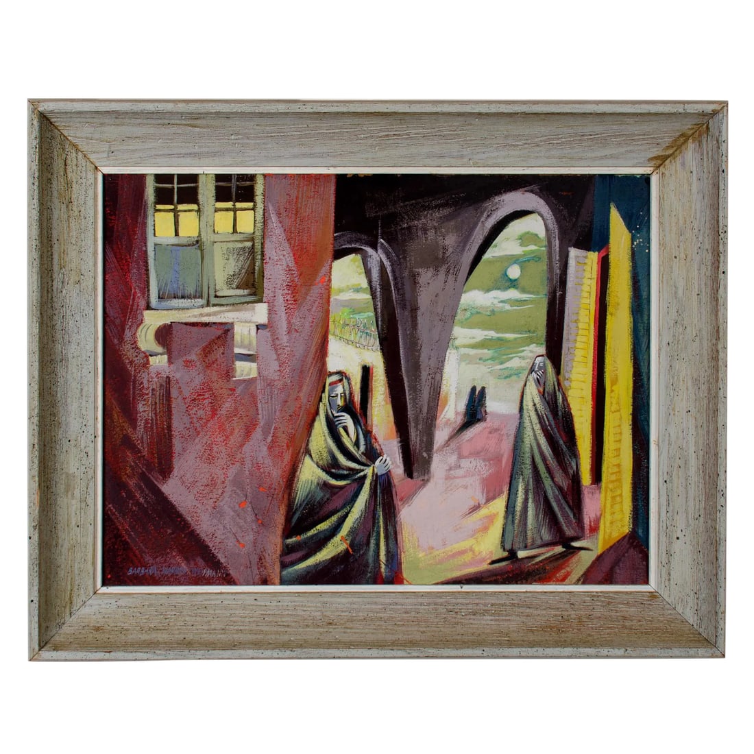 1920s Surrealist Oil on Board, by Barbara Warren Weismann: Barbara K. Warren Weismann (American, b.1915). A framed oil on board by Minnesota artist Barbara K. Warren Weismann. Sight: 19 1/2 by 14 1/2 inches Frame: 24 1/2 by 19 1/2 inches Condition: