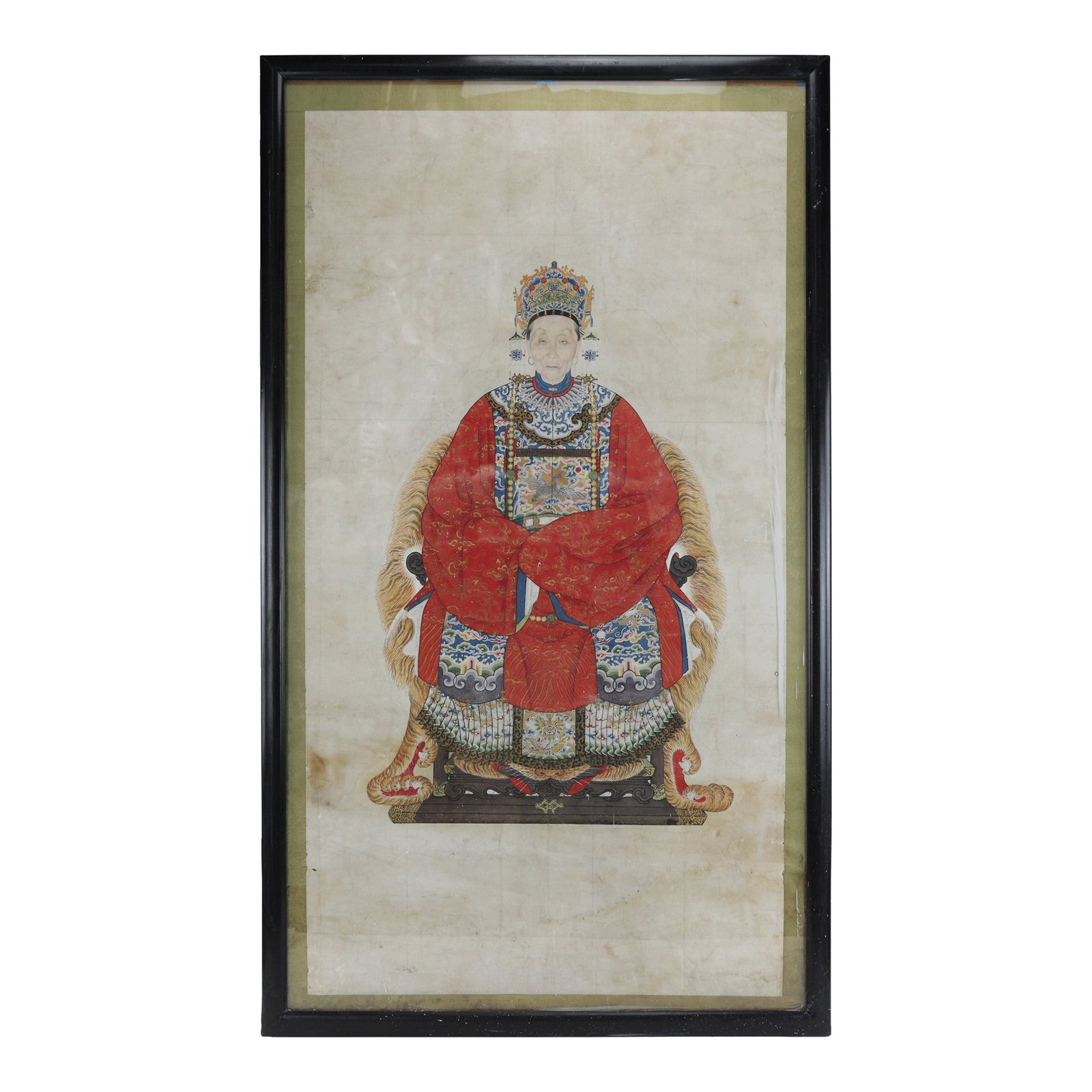 Large Framed Mid-Qing Dynasty Chinese Meticulous Ancestor Portrait Painting in Red: This extraordinary portrait showcases a high-ranking, yet unidentified woman seated on an armchair draped with tiger skin. Executed with traditional Chinese techniques, the painting boasts vivid and