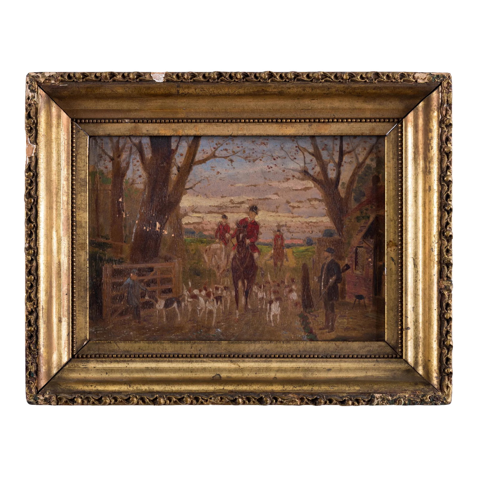 Miniature Hunt Scene Painting on Board: A miniature hunt scene painting on board, 19th century. sight: 5 1/2 by 4 inches frame: 8 by 6 1/2 inches Condition: Alterations: Original Condition Unaltered Imperfections: Some Imperfections Conditi