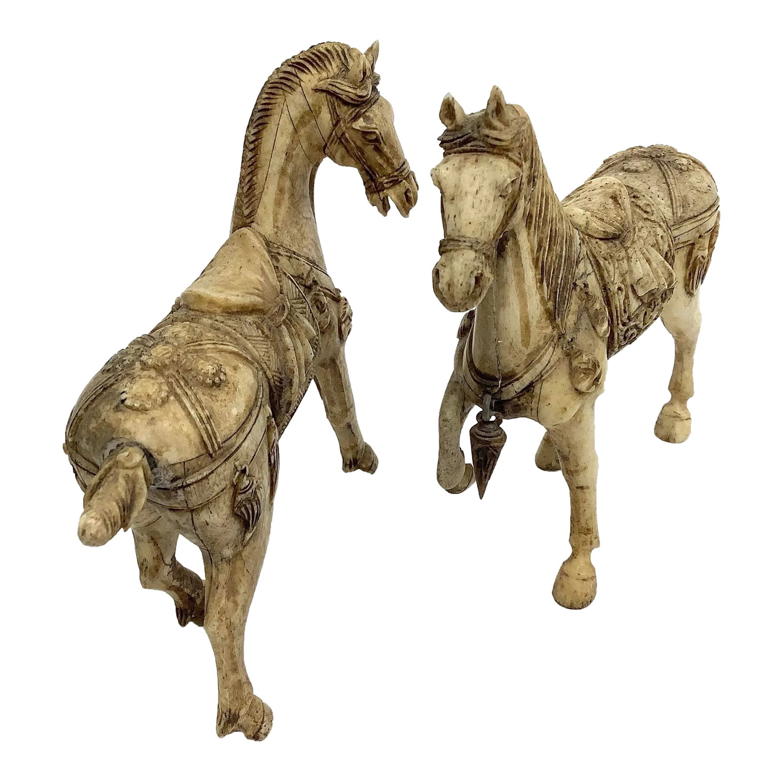 Tessellated Bone Hand Carved Tang Horses a Pair: Just look at the details of the carved surfaces on this pair of horses. They are probably over 75 years old. I have personally had them in storage for 50 years. Time to say goodbye. Only 2 issues on