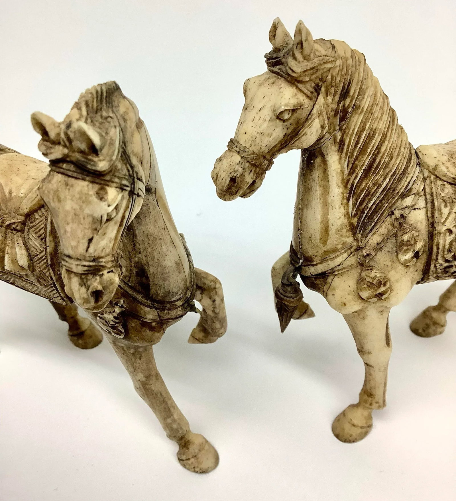 Tessellated Bone Hand Carved Tang Horses a Pair - 9