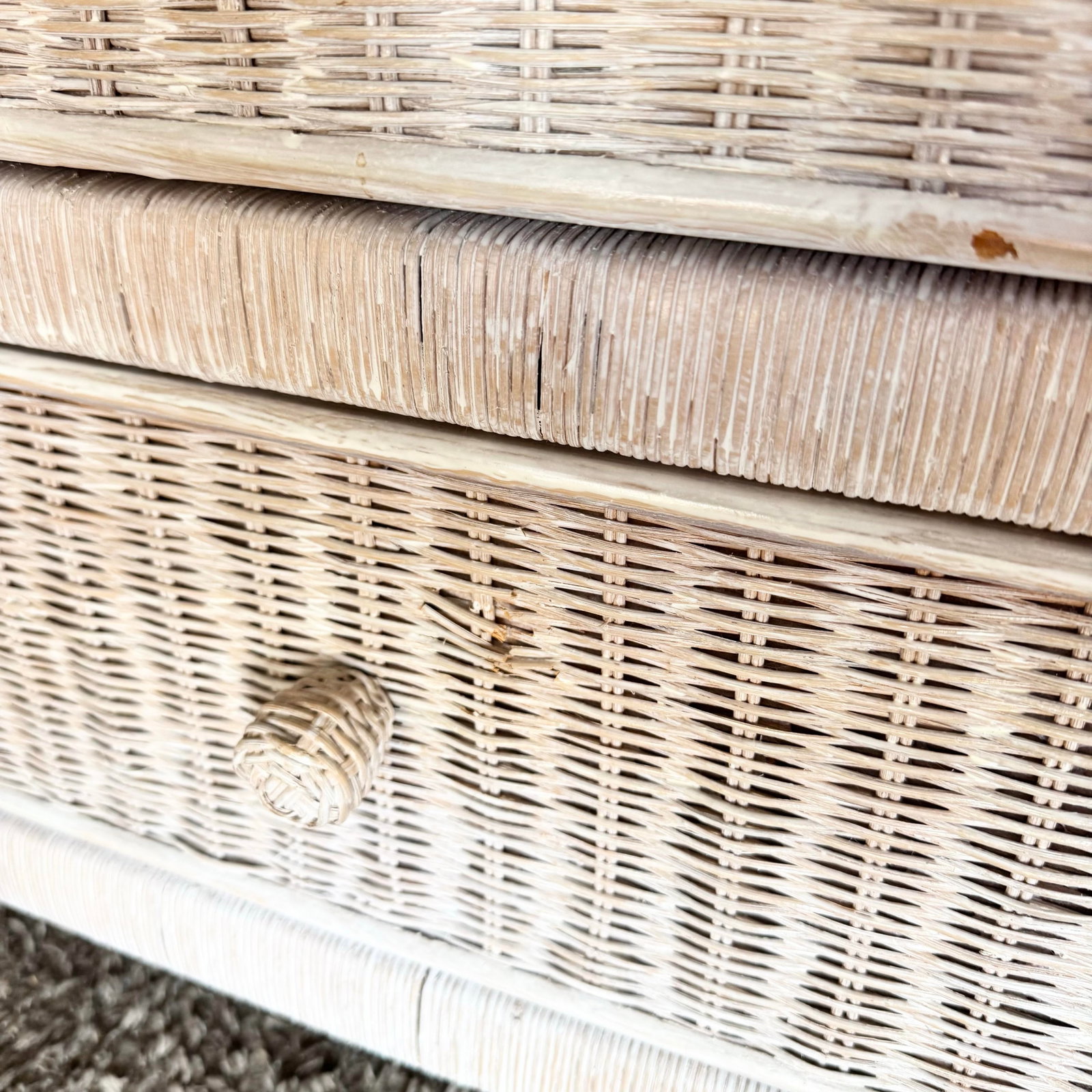 Vintage Boho Chic White Washed Wicker Glass Top Nighstands - A Pair - 10