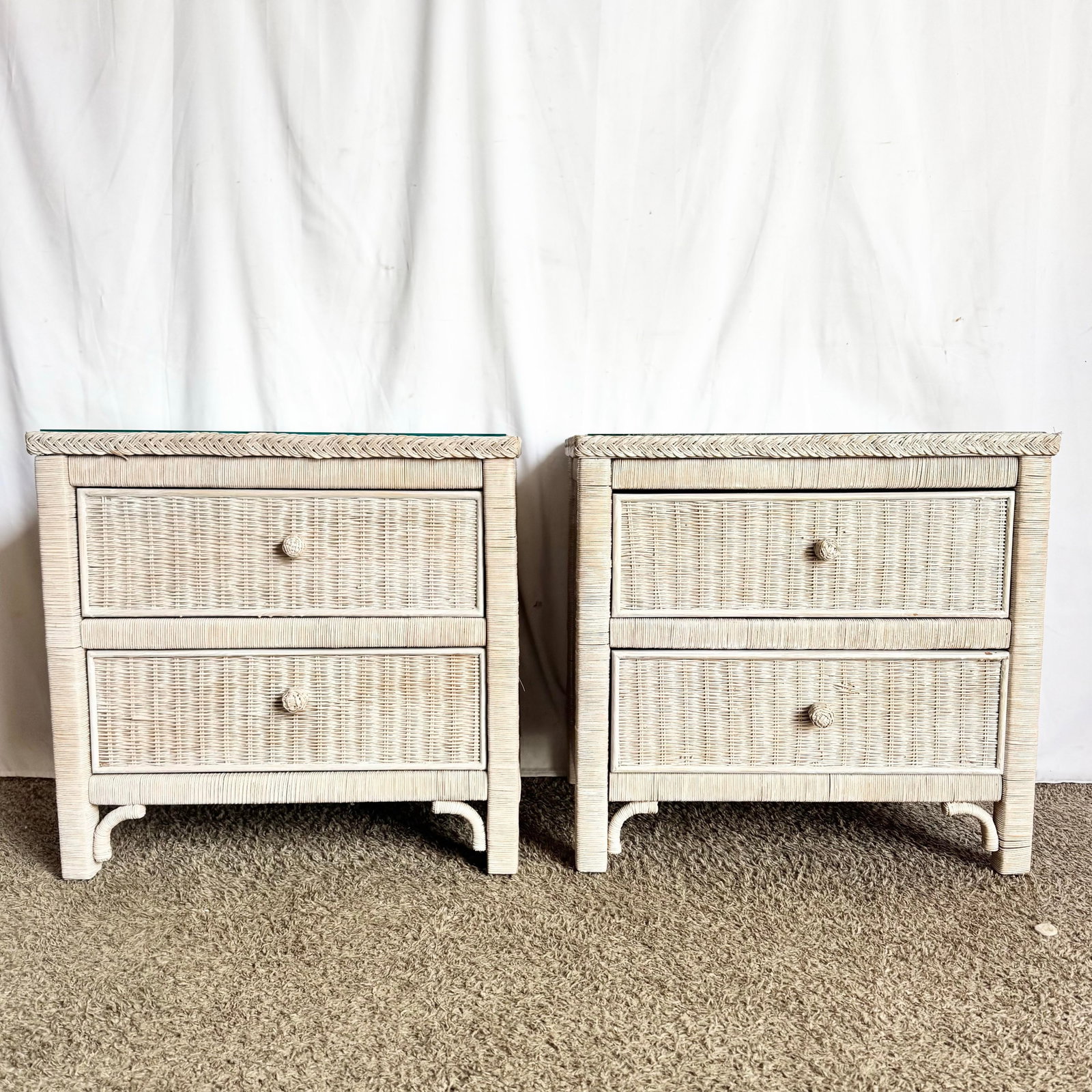 Vintage Boho Chic White Washed Wicker Glass Top Nighstands - A Pair - 2