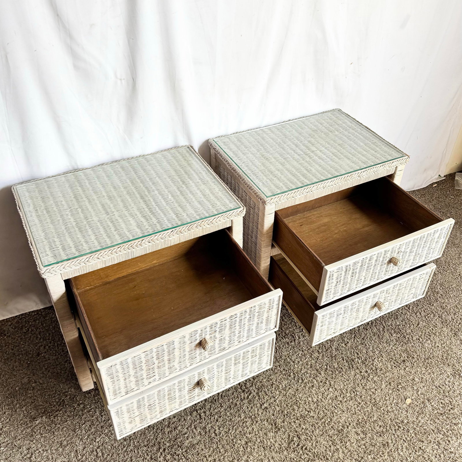Vintage Boho Chic White Washed Wicker Glass Top Nighstands - A Pair - 3