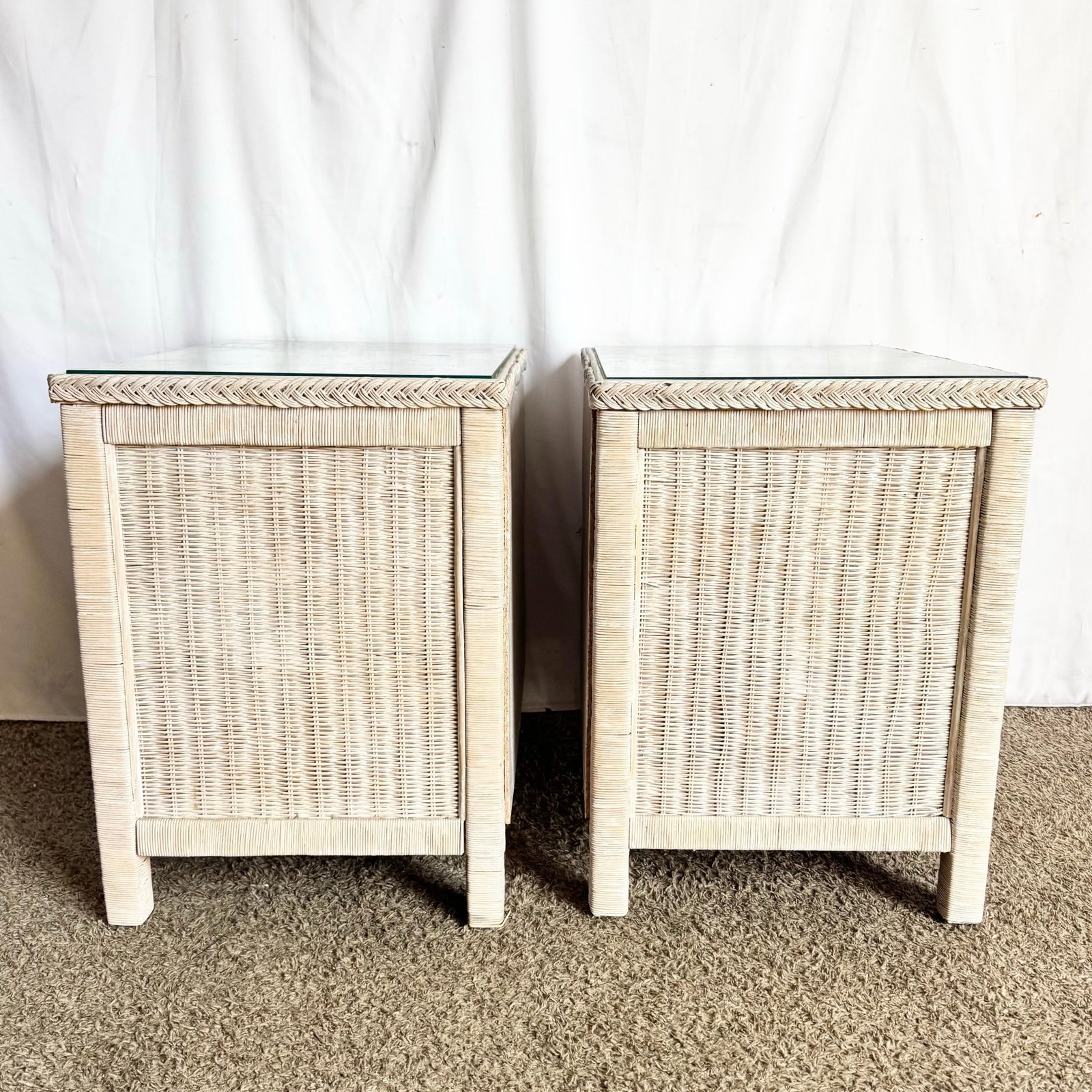 Vintage Boho Chic White Washed Wicker Glass Top Nighstands - A Pair - 4