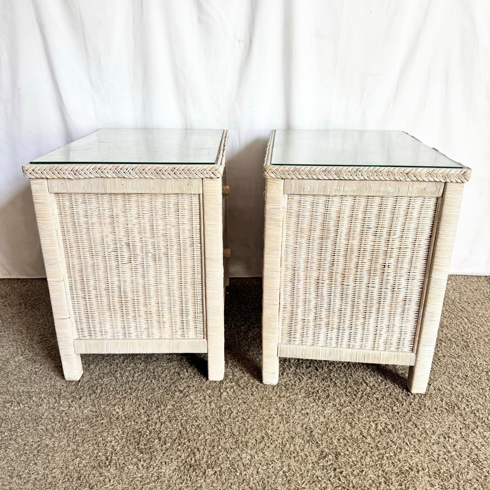 Vintage Boho Chic White Washed Wicker Glass Top Nighstands - A Pair - 5