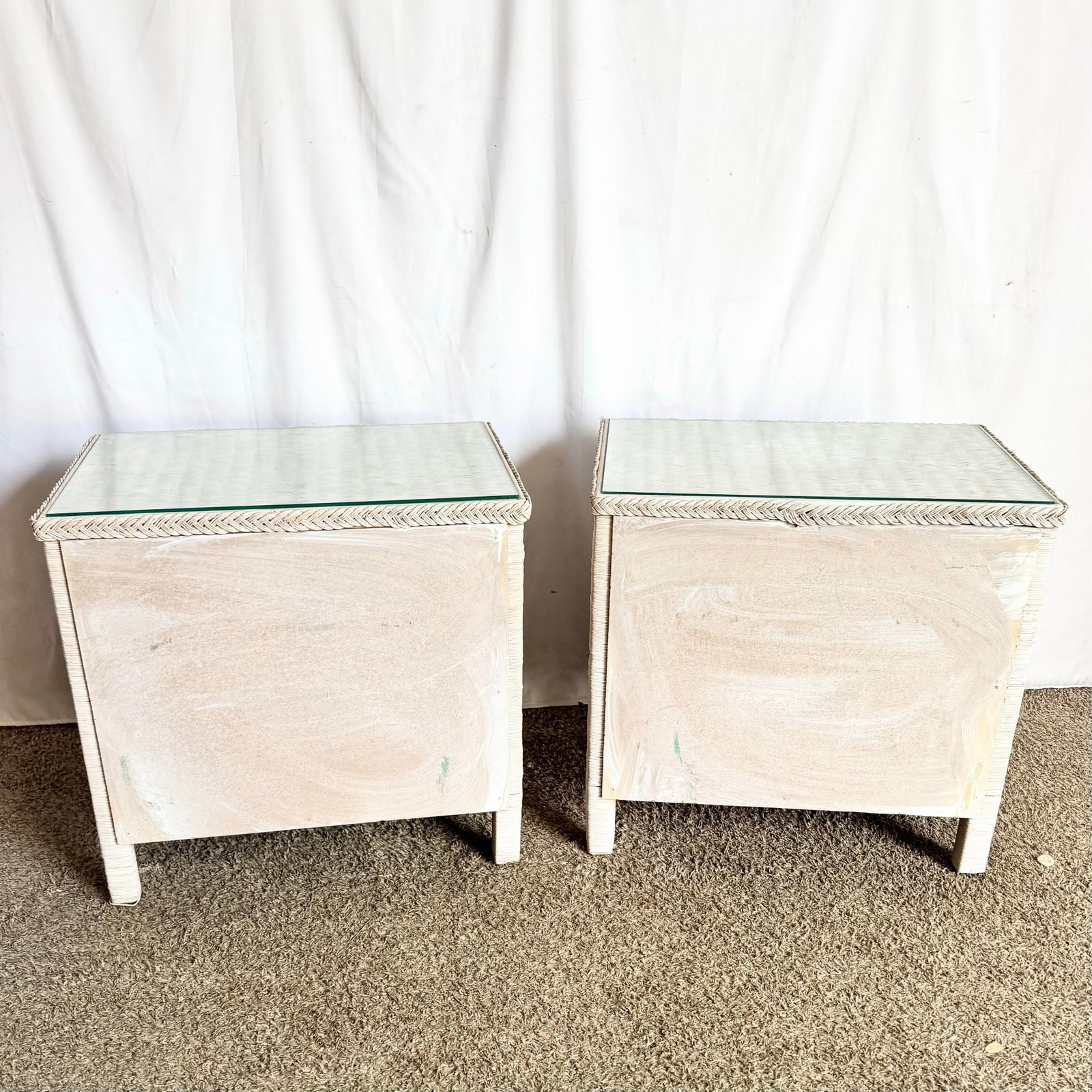 Vintage Boho Chic White Washed Wicker Glass Top Nighstands - A Pair - 6
