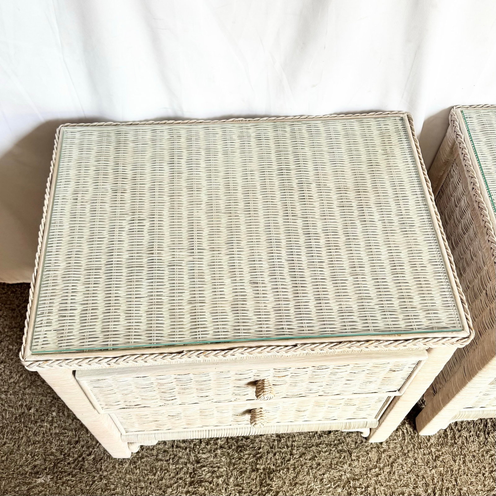 Vintage Boho Chic White Washed Wicker Glass Top Nighstands - A Pair - 7