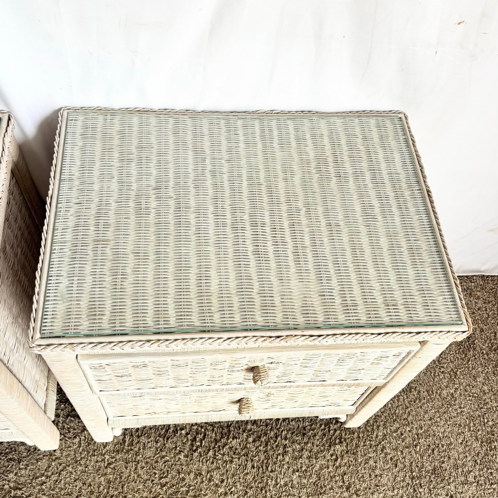 Vintage Boho Chic White Washed Wicker Glass Top Nighstands - A Pair - 8