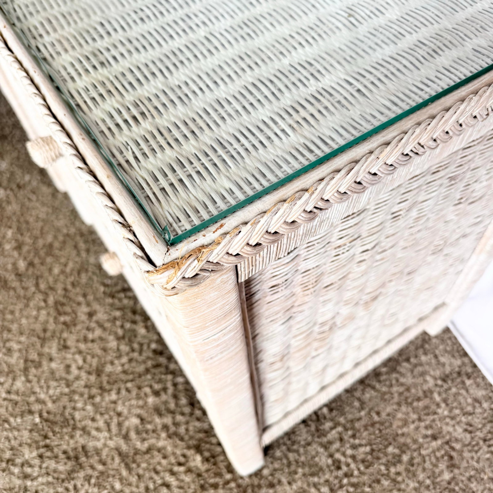 Vintage Boho Chic White Washed Wicker Glass Top Nighstands - A Pair - 9