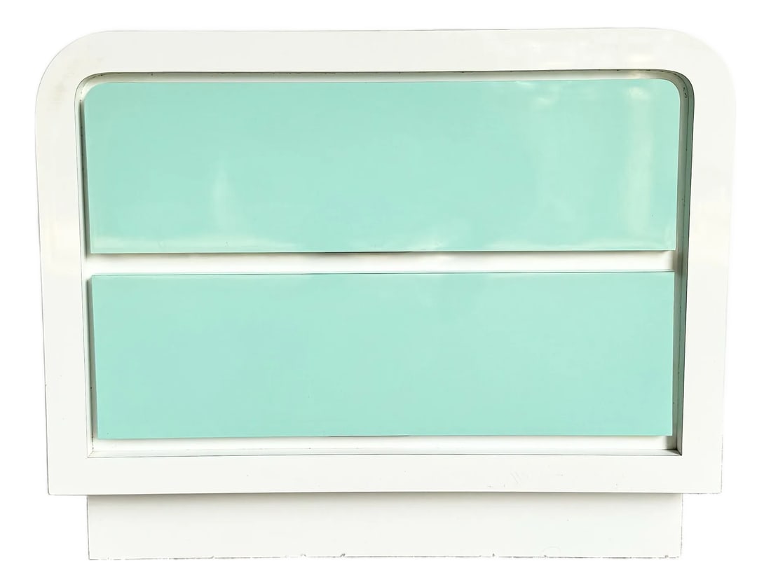1980s Postmodern White and Turquoise Lacquer Laminate Waterfall Nightstand: This striking postmodern nightstand features a sculptural waterfall silhouette finished in crisp white laminate, accented by bold turquoise lacquer drawer fronts. Clean lines and softly rounded